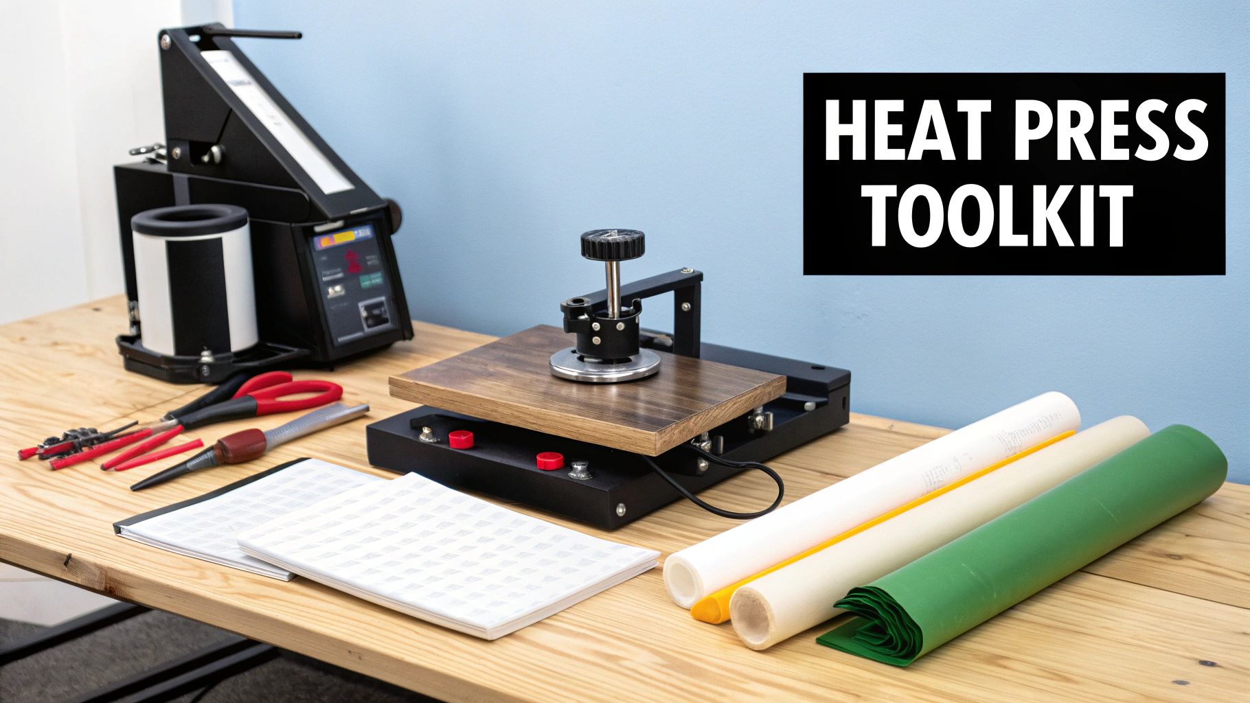 A person using a heat press machine on a t-shirt in a well-lit workshop.