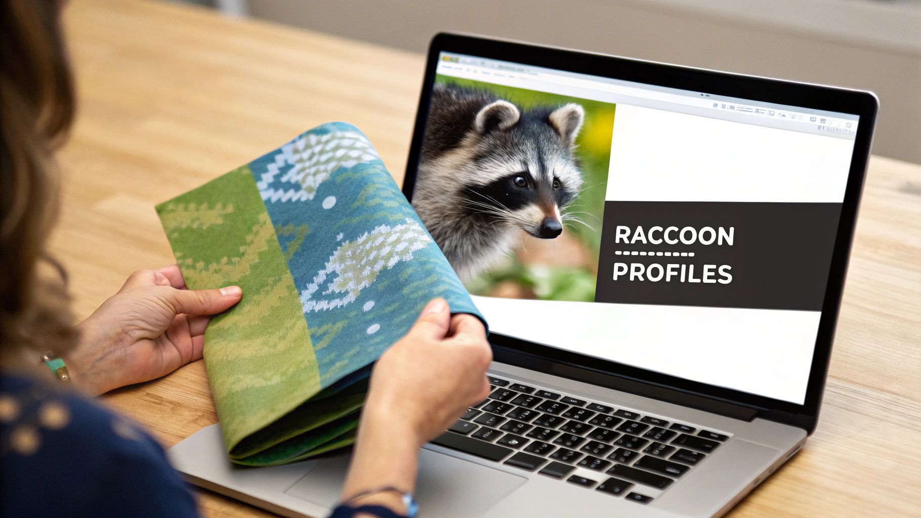 A person holds a patterned fabric while looking at a laptop displaying "Raccoon Profiles" and a raccoon image.