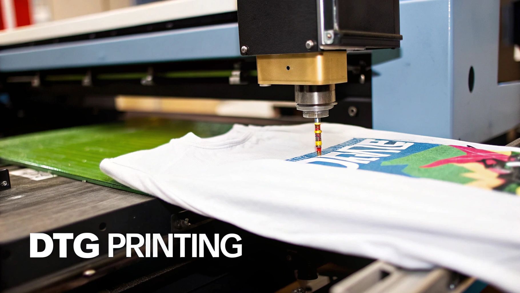 A DTG printer applies a vibrant, colorful design onto a white t-shirt, demonstrating direct-to-garment printing.