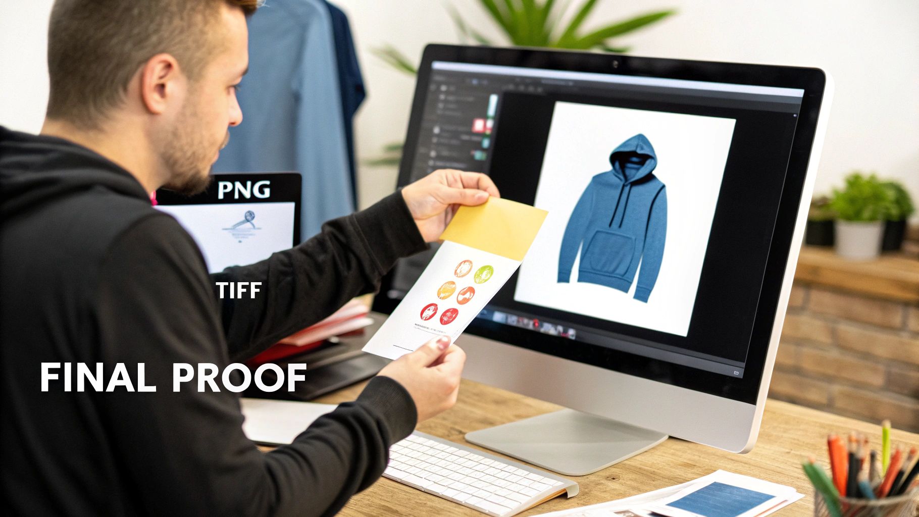 A graphic designer reviews a final proof for a hoodie design, comparing print samples with digital artwork.