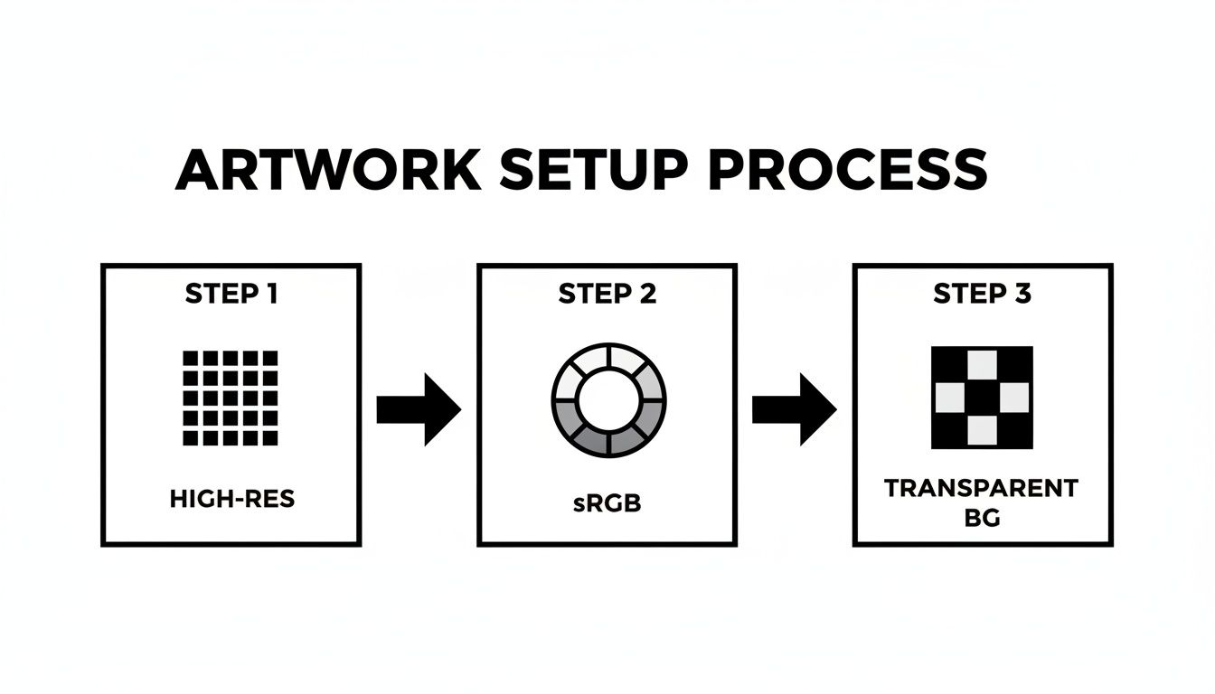 Diagram illustrating the artwork setup process with steps for high-res, sRGB color profile, and transparent background.