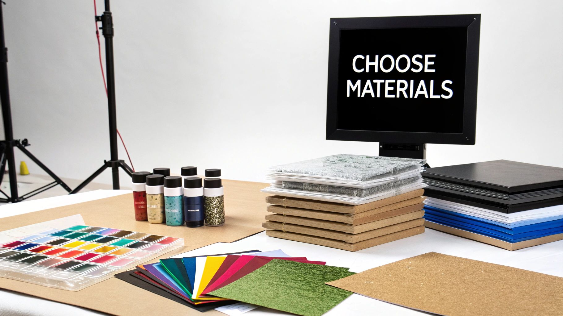 A desk with various craft materials, including paper, glitter bottles, a color palette, and a monitor displaying 'CHOOSE MATERIALS'.
