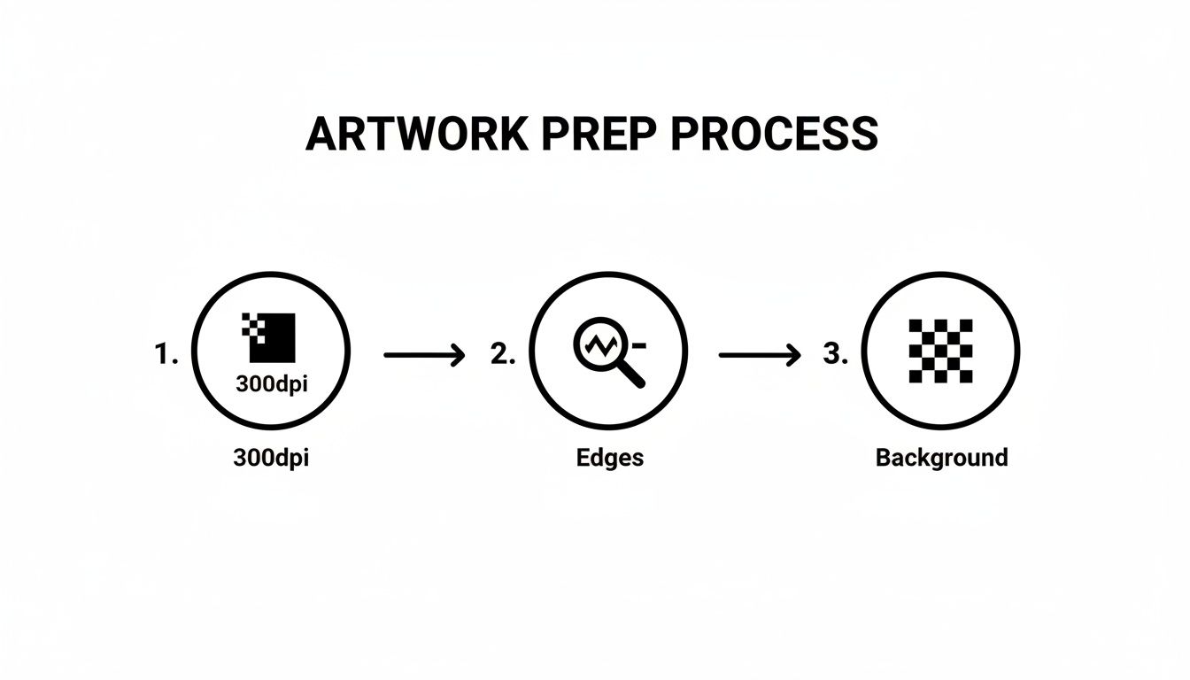 A three-step artwork preparation process flowchart showing dpi, edge definition, and background removal.