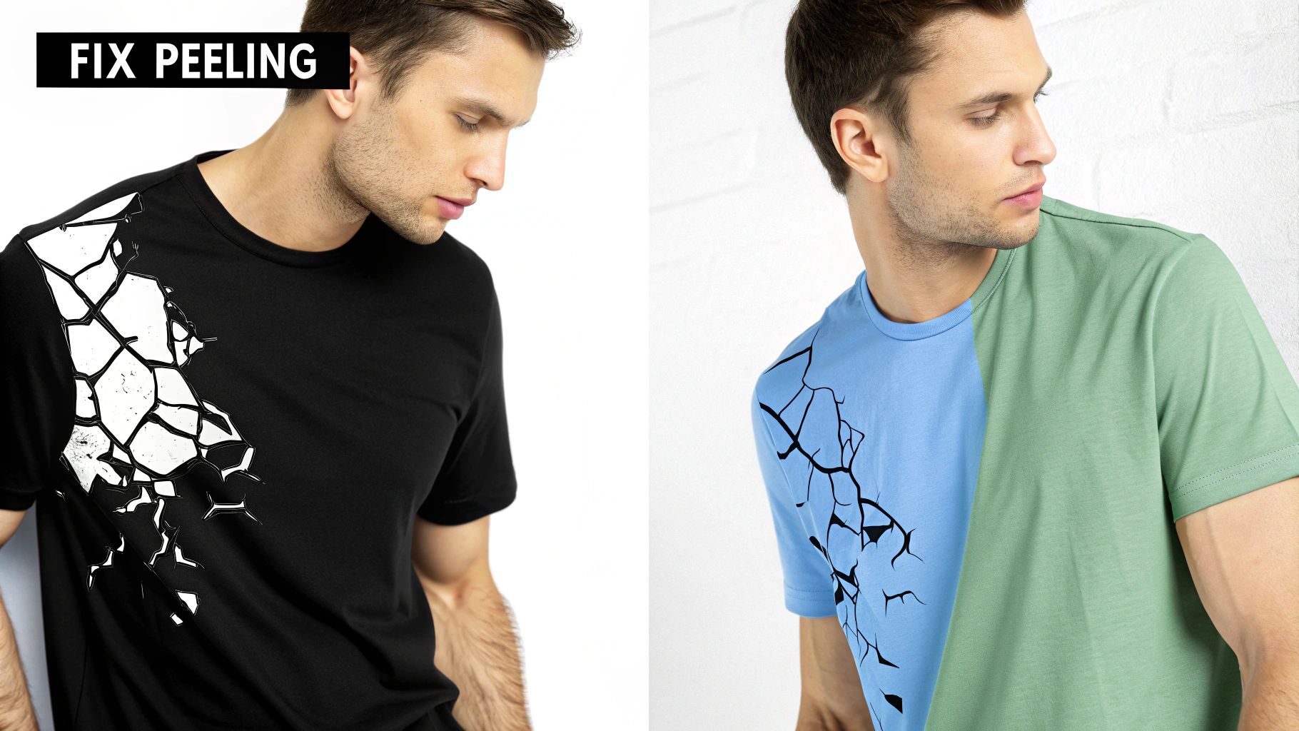 A man modeling two t-shirts with cracked designs, one black and white, the other blue and green, demonstrating fixing peeling prints.