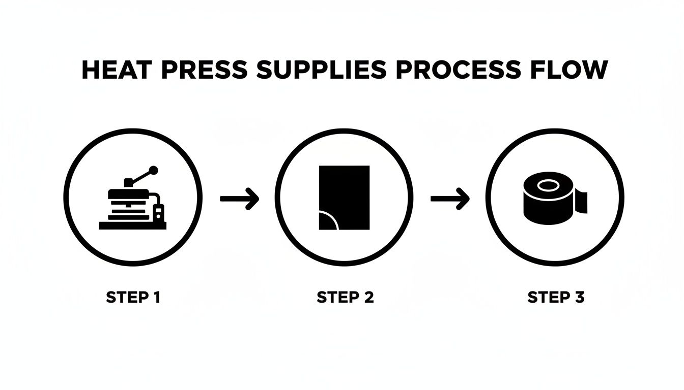 Heat press supplies process flow diagram with icons for a heat press machine, transfer sheet, and material roll.