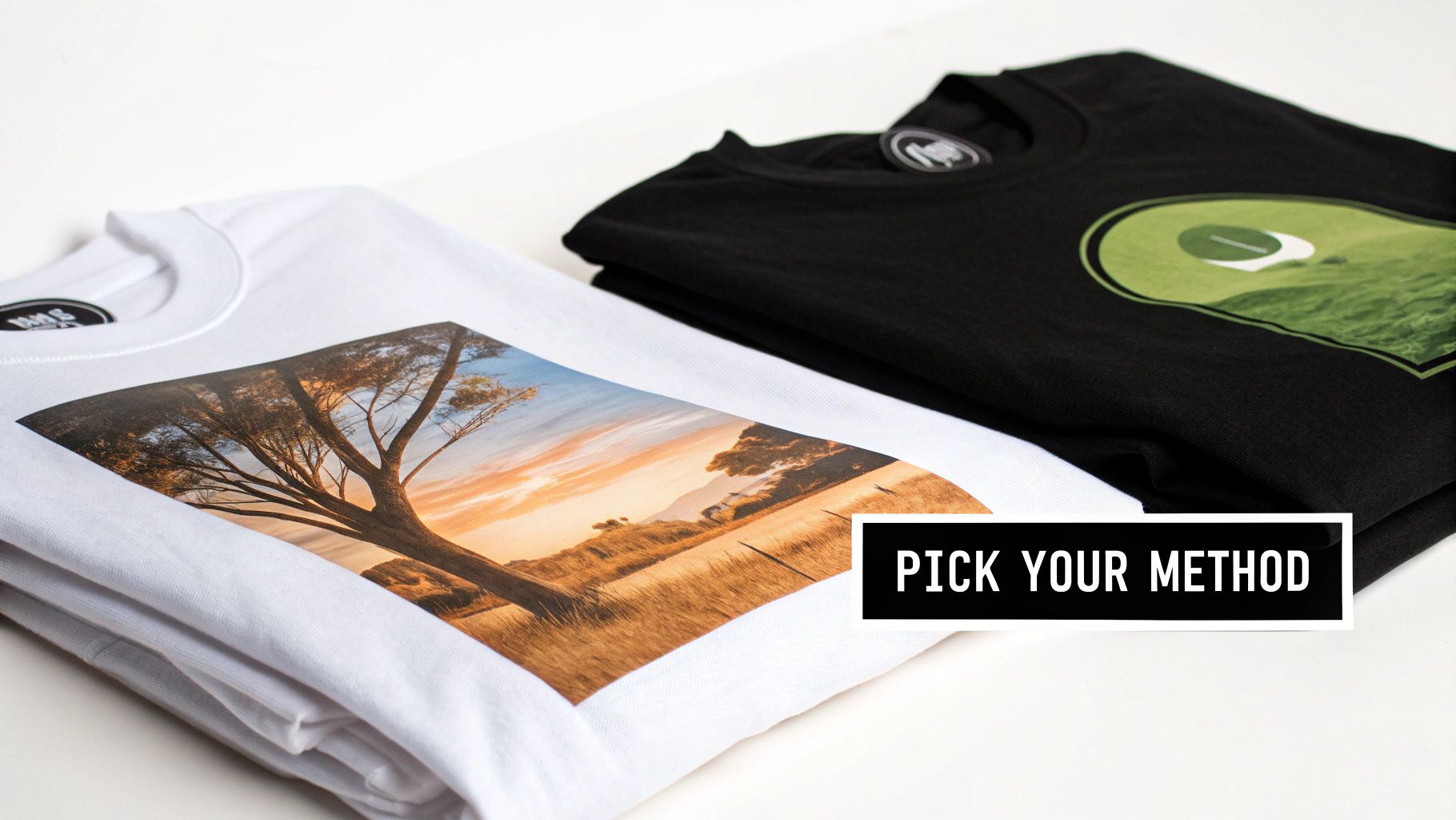 Two hands holding custom t-shirts, one made with screen printing and the other with a heat transfer, showcasing the difference in texture and vibrancy.