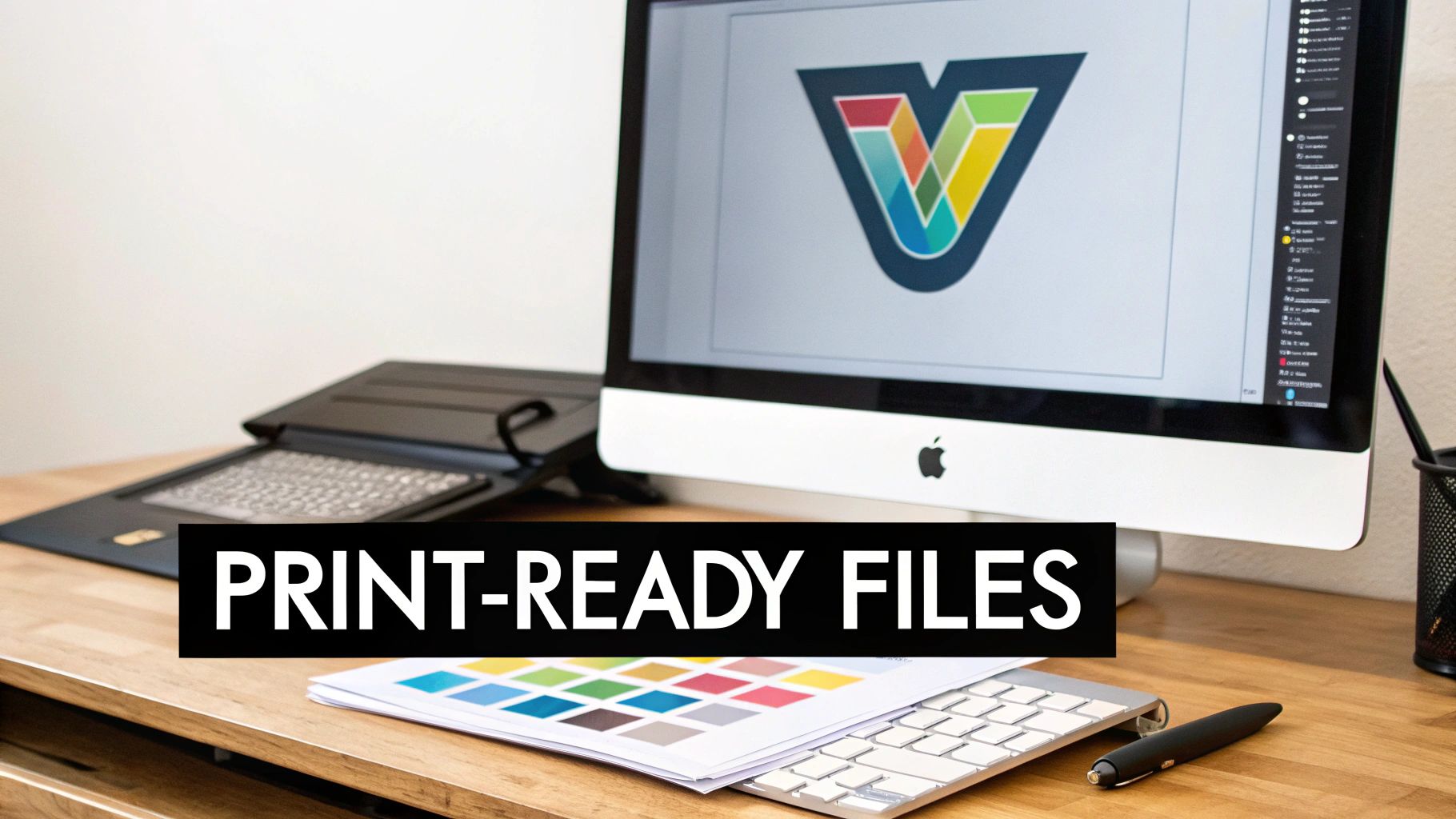 A desk with an iMac showing a logo, a laptop, and a document about print-ready files.
