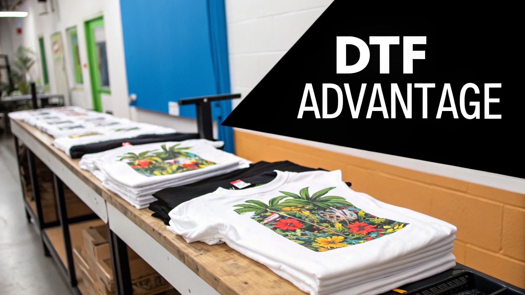 Stacks of white and black t-shirts with vibrant DTF prints on a wooden table in a workshop.