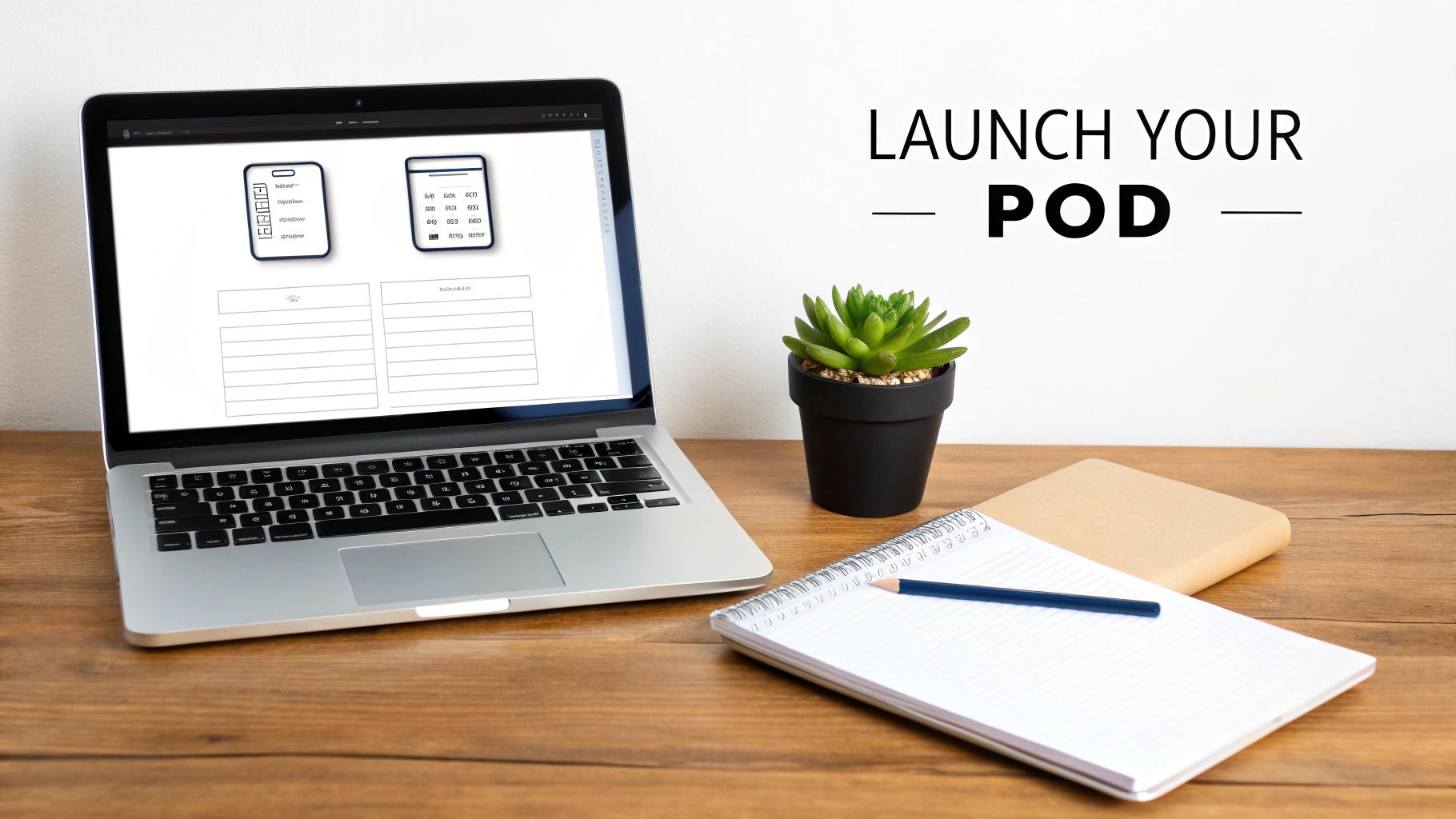 A laptop on a wooden desk with a plant, notebook, and 'LAUNCH YOUR POD' text on the wall.