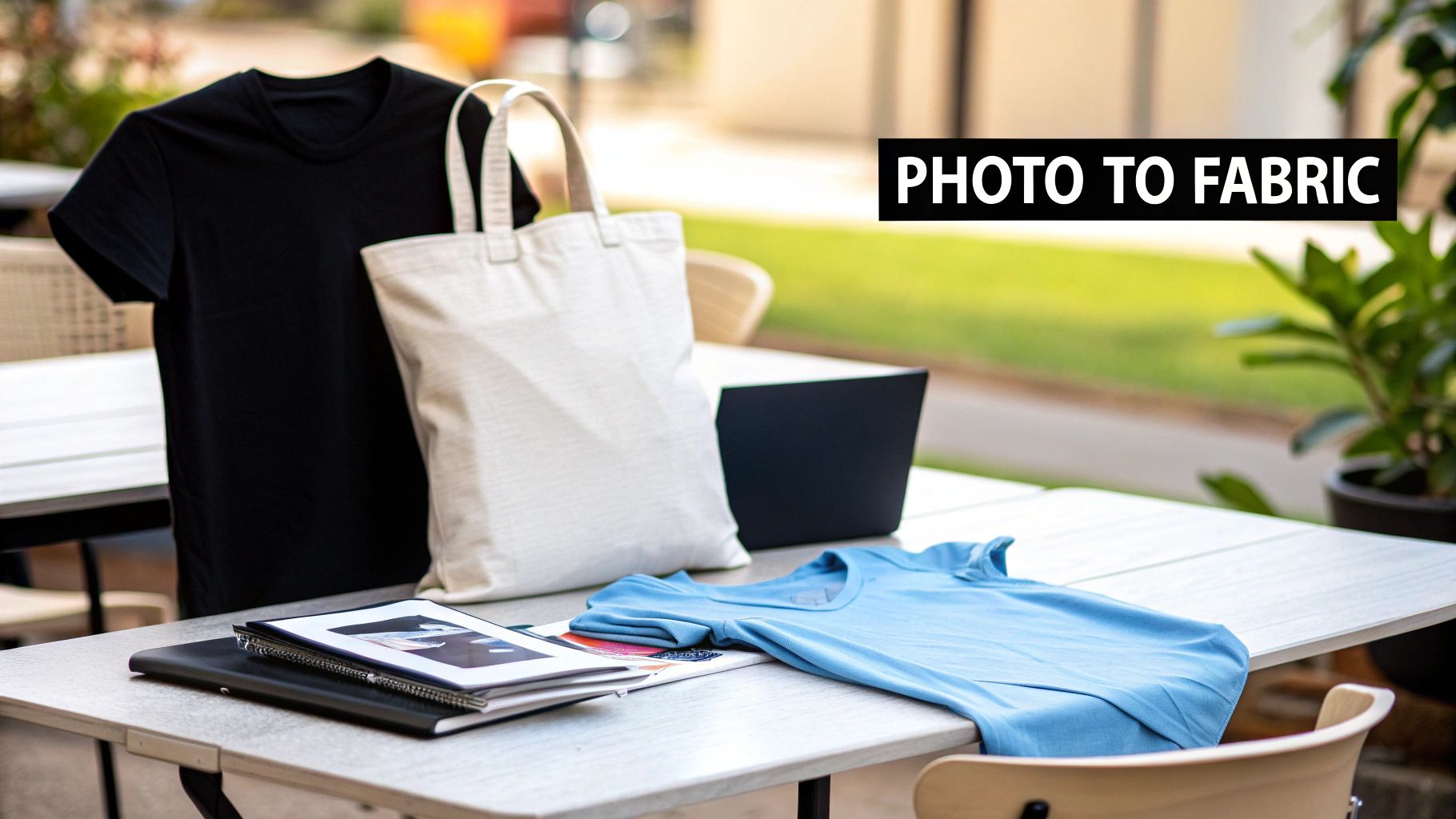 A black t-shirt, white tote bag, and blue t-shirt with a laptop and papers on an outdoor table.