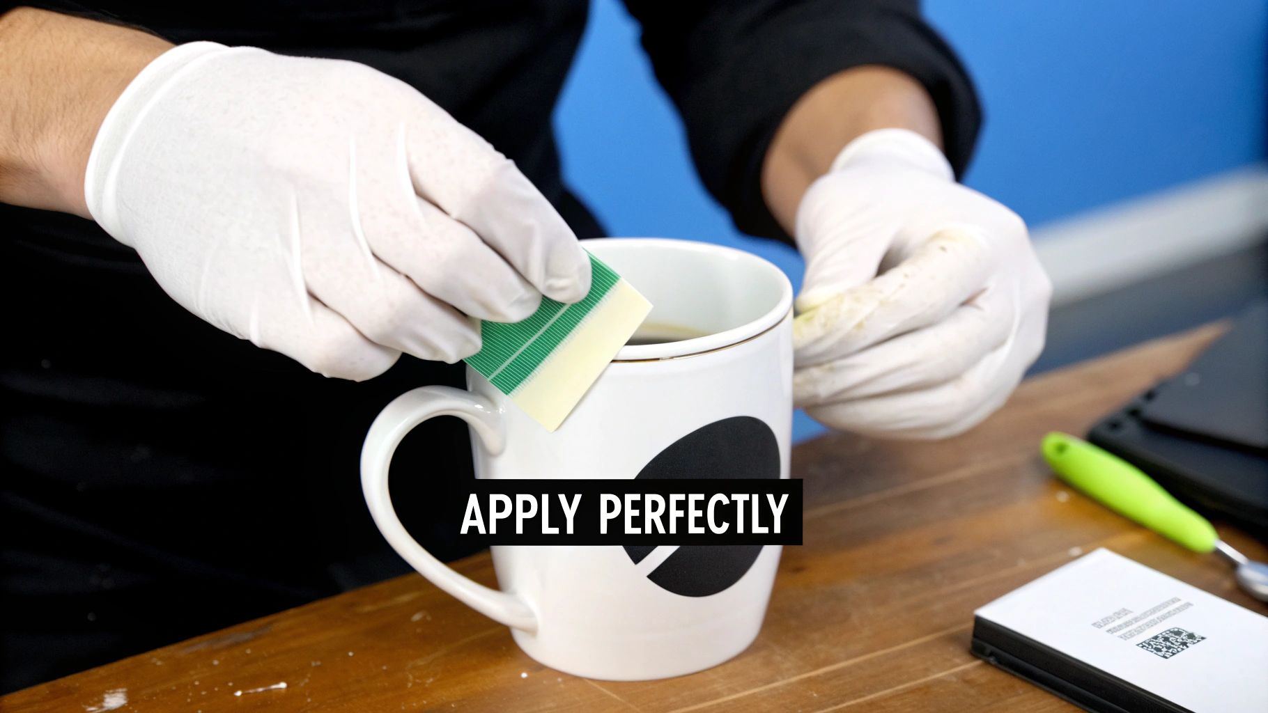 Person in white gloves using a green tool to apply a transfer to the rim of a white mug.