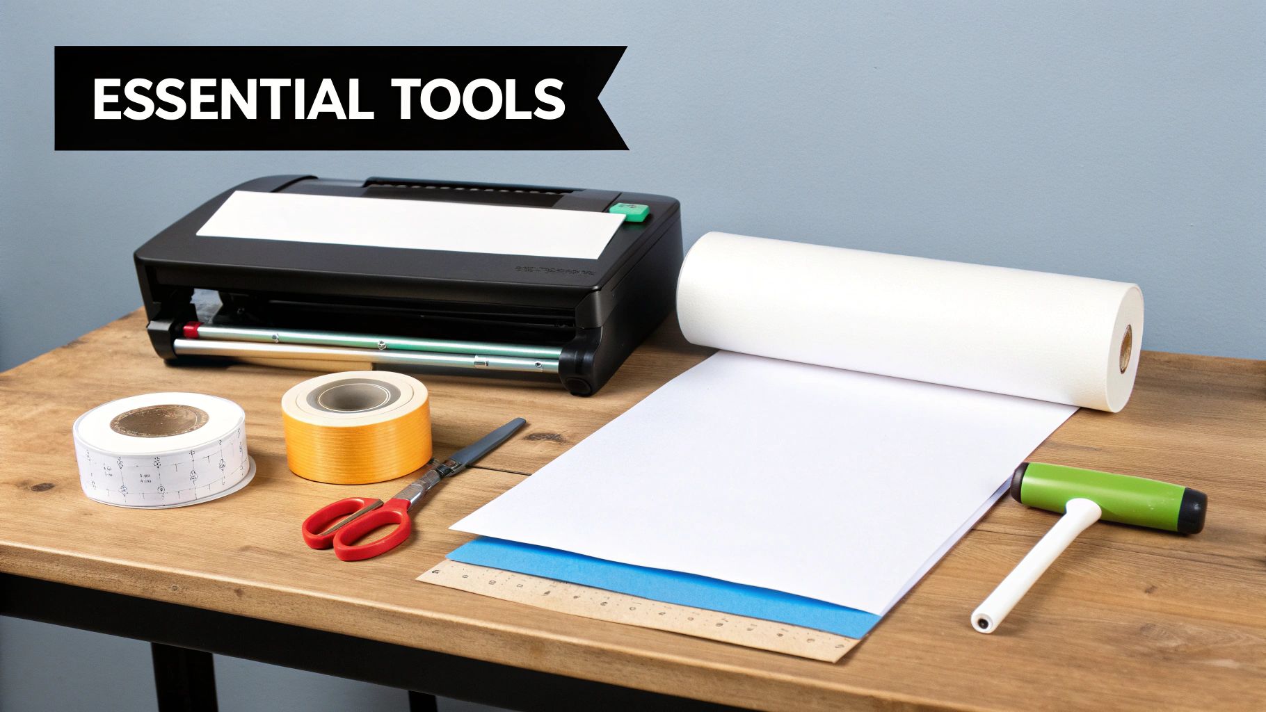 A flat lay of essential tools for printing and crafting, including a machine, paper, tape, and scissors.