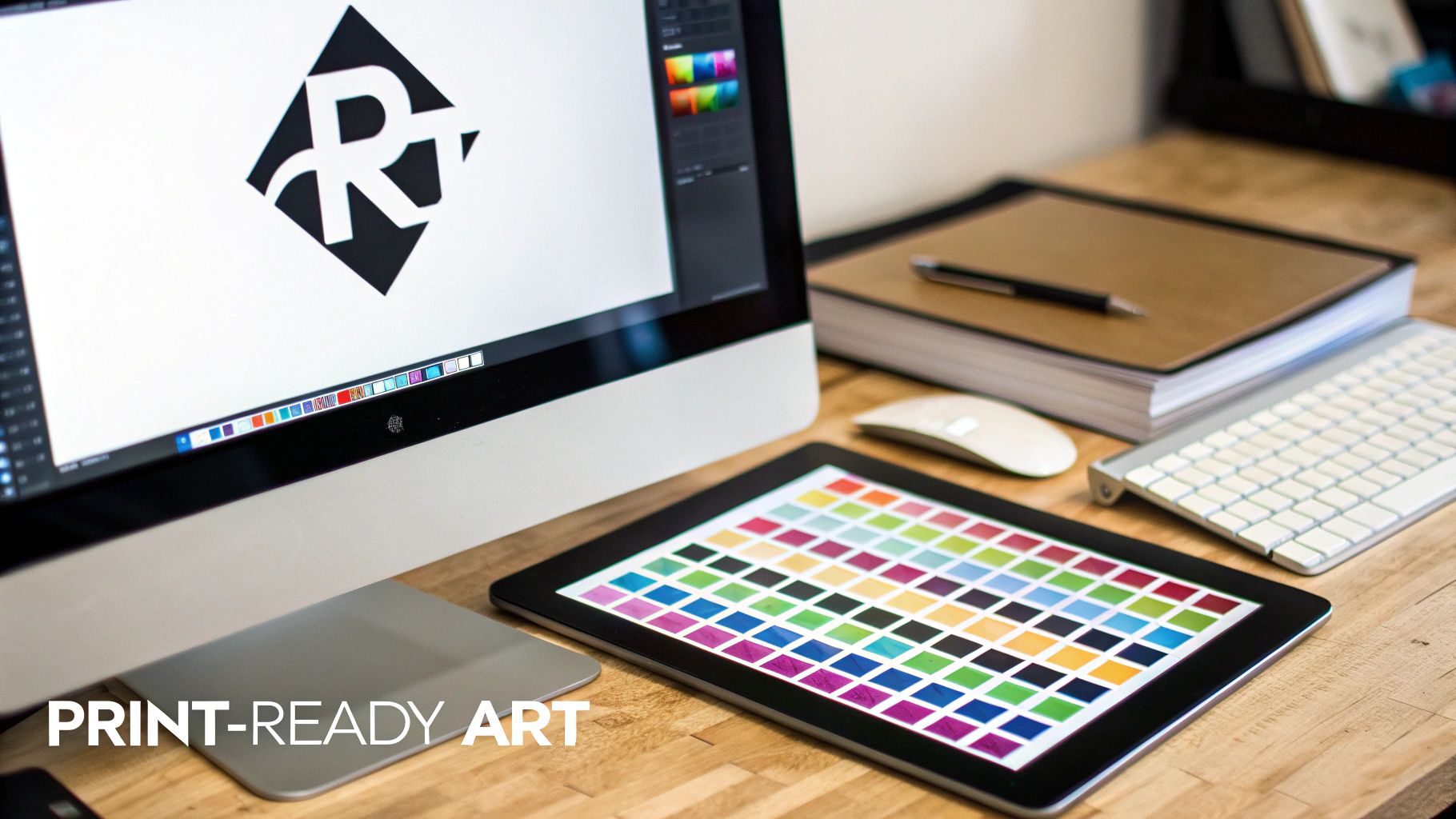 A creative workspace featuring a computer with a logo design, an iPad displaying color swatches, and office supplies.