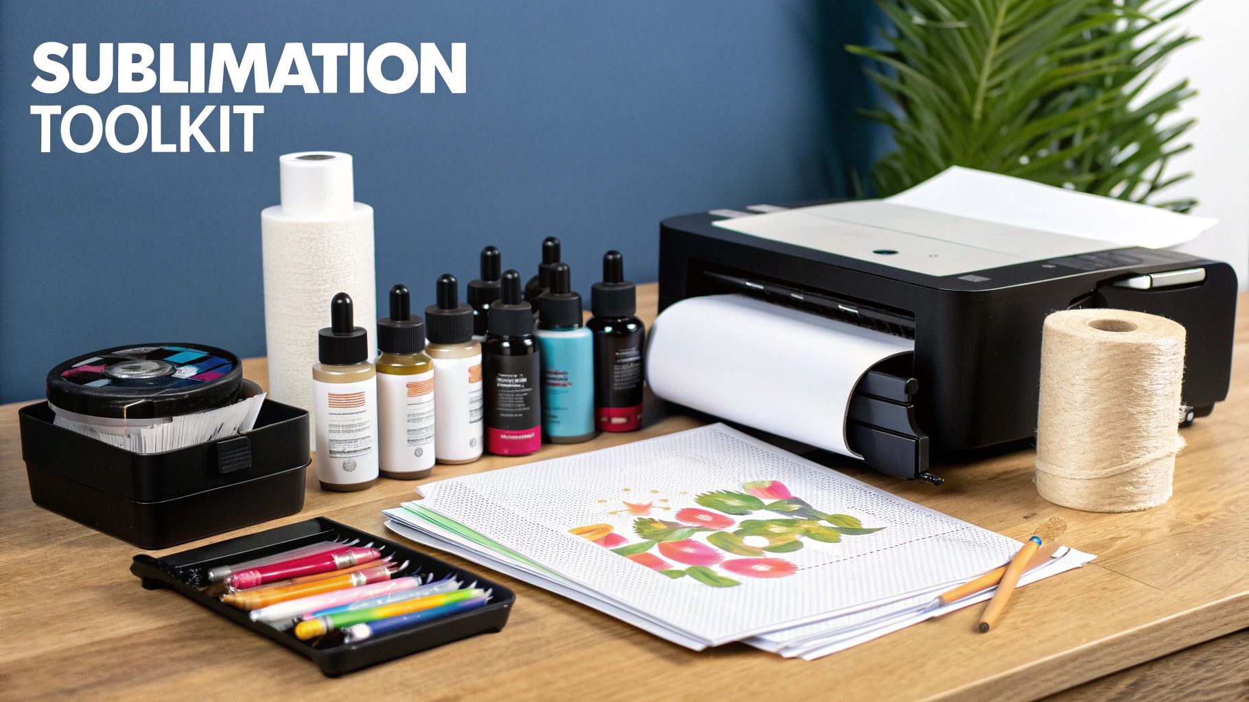 A sublimation toolkit featuring a printer, colorful inks, printed designs, and crafting supplies on a wooden desk.