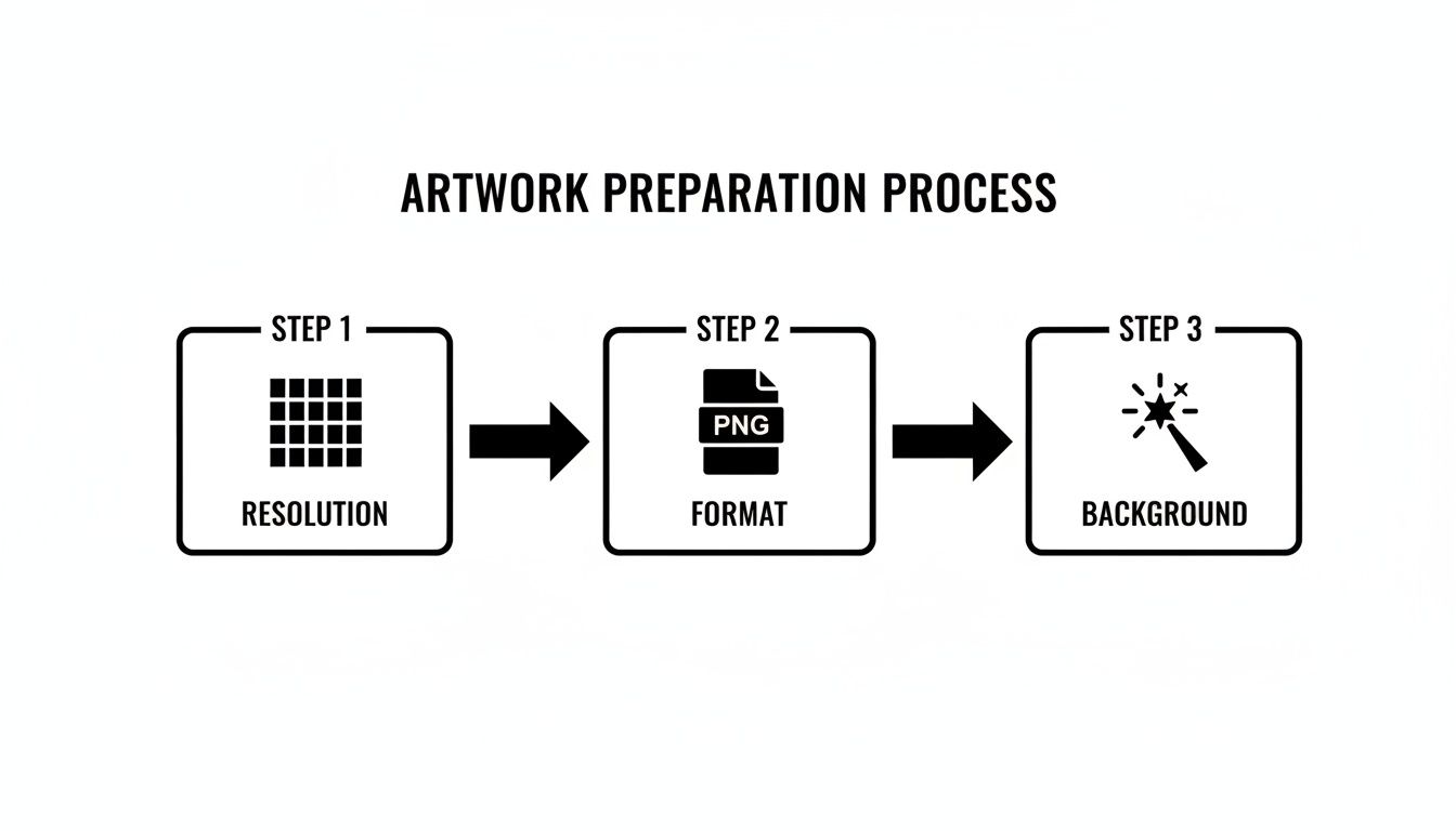 A flowchart illustrating the artwork preparation process with three steps: resolution, format, and background.