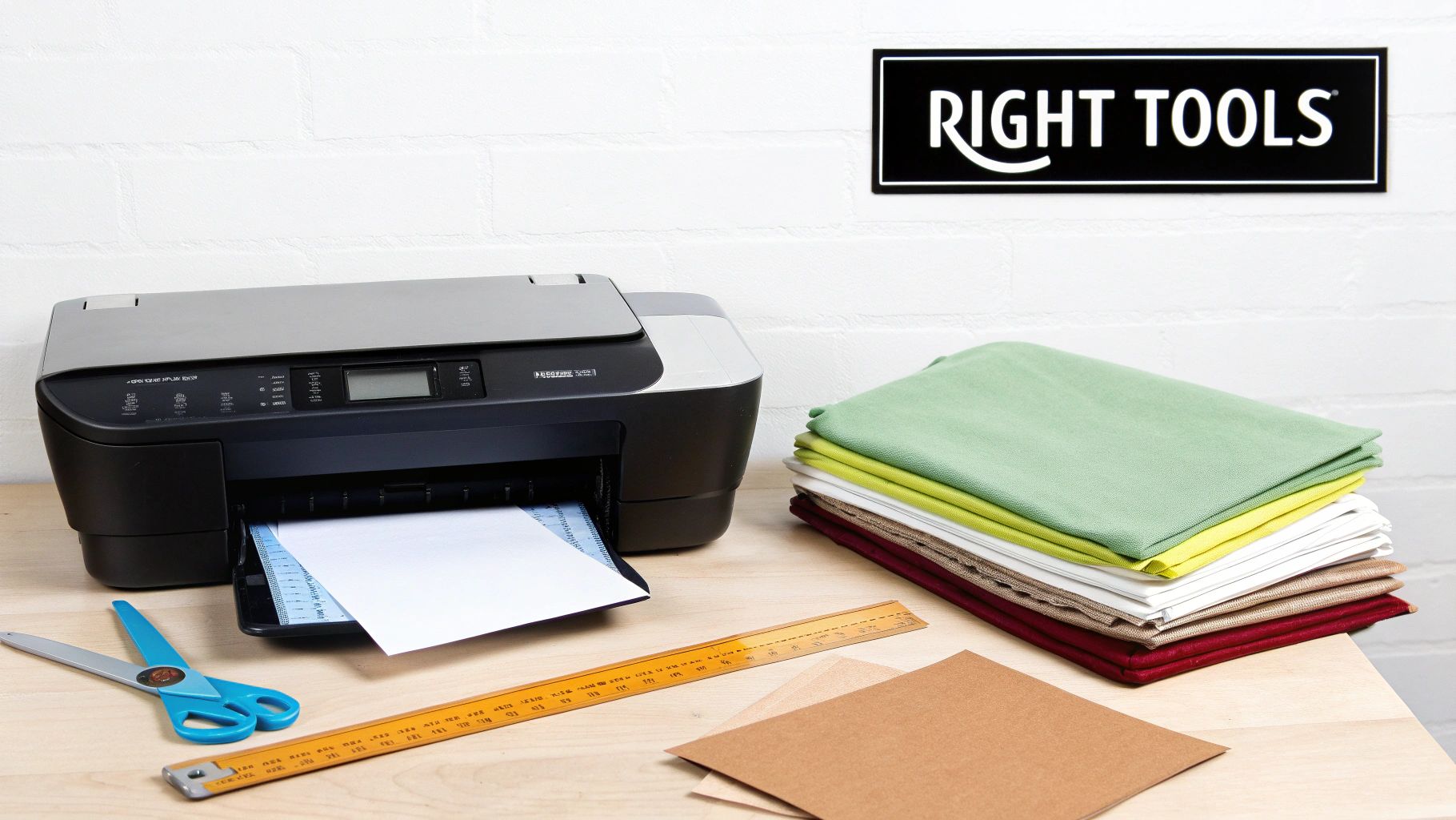 A printer processing paper, alongside craft supplies like fabrics, scissors, and a ruler, on a wooden table.
