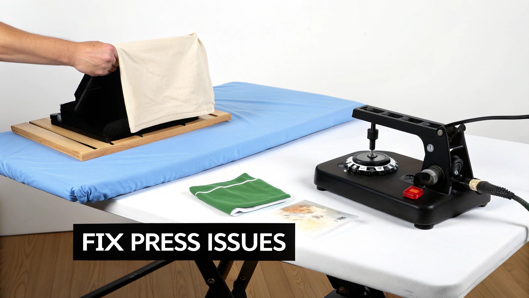 Heat press machine setup on padded table with protective cloth and temperature control display