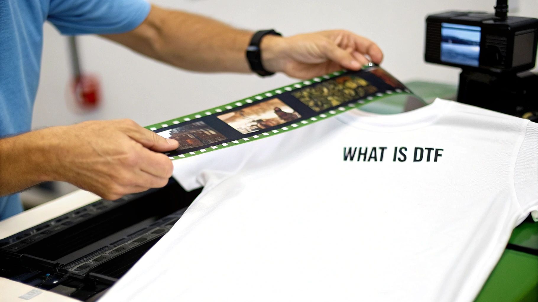 Person holds a film strip with images above a white t-shirt printed with 'WHAT IS DTF'.