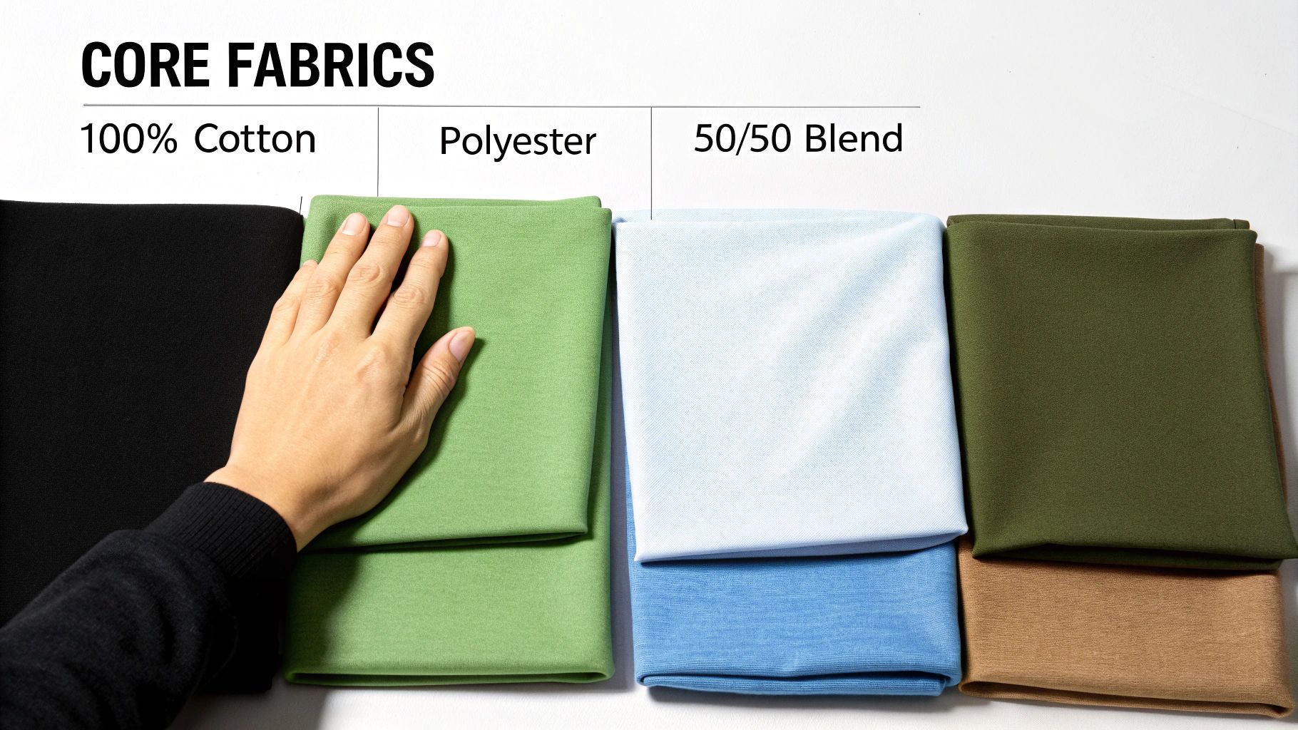 A hand touches a light green polyester fabric, next to cotton and blend fabrics in various colors.