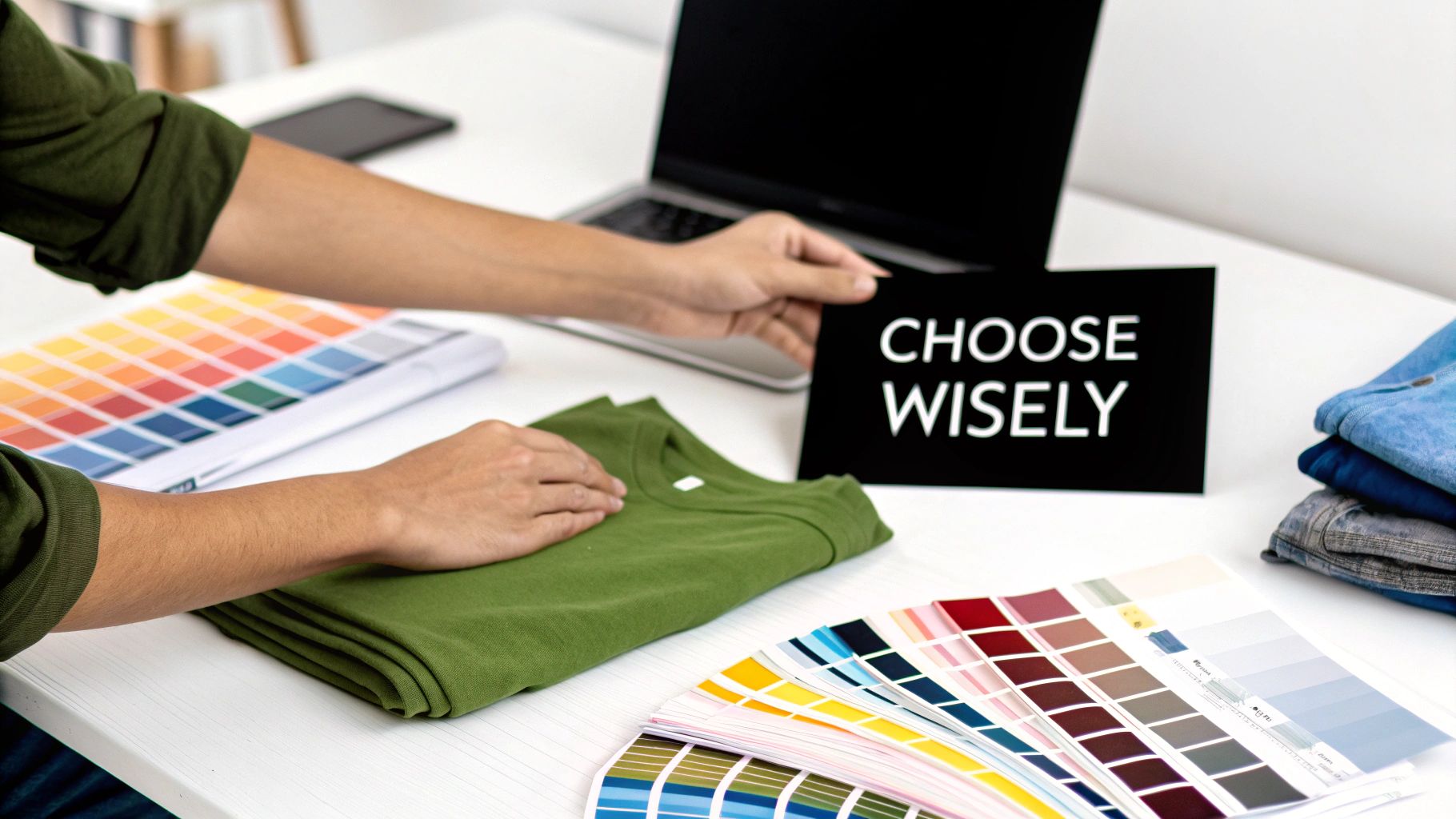 Hands selecting colors for t-shirt design with a 'Choose Wisely' sign and laptop on a white desk.