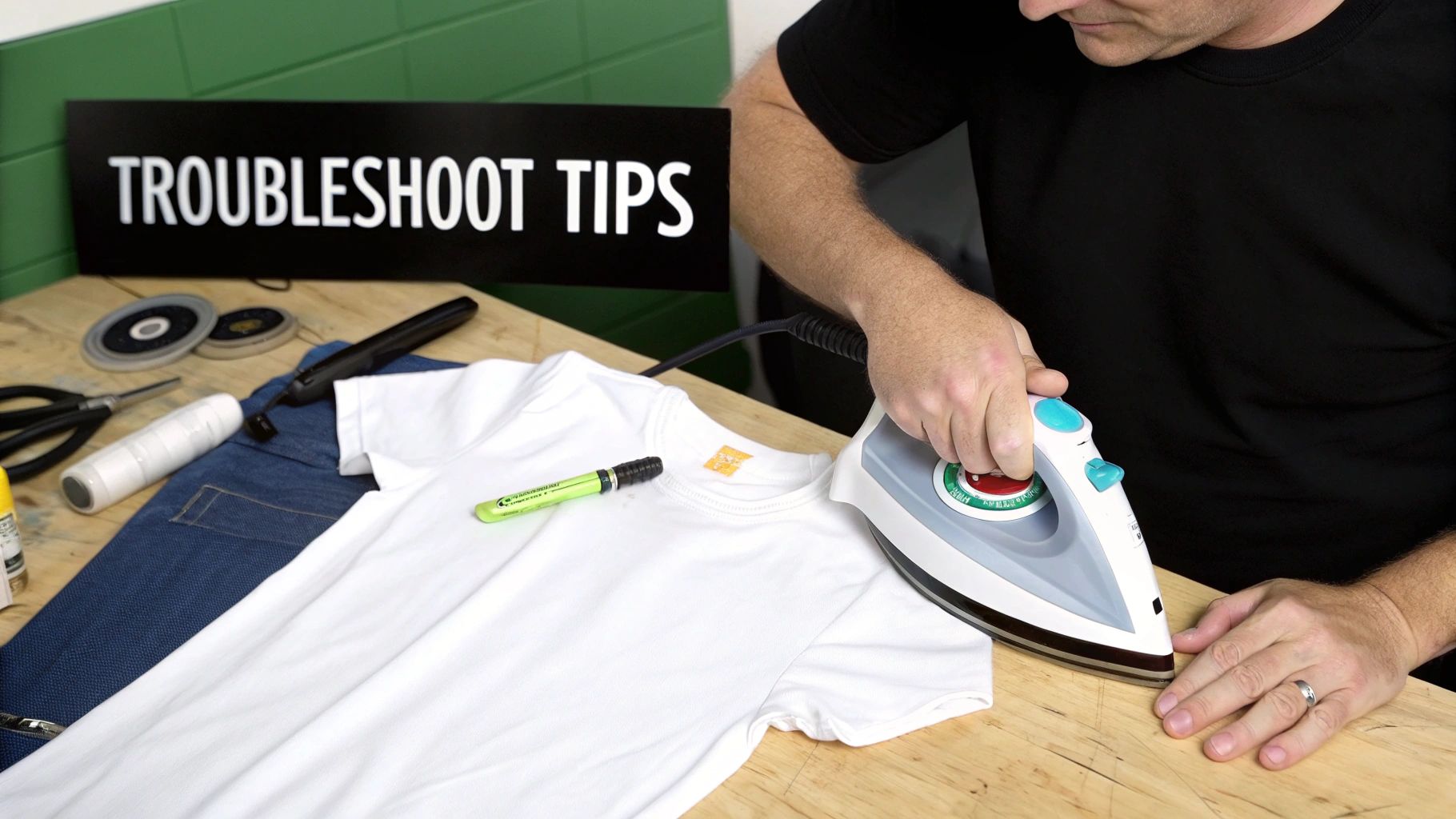 A person irons a white t-shirt on a wooden table, demonstrating troubleshooting tips for iron transfers.