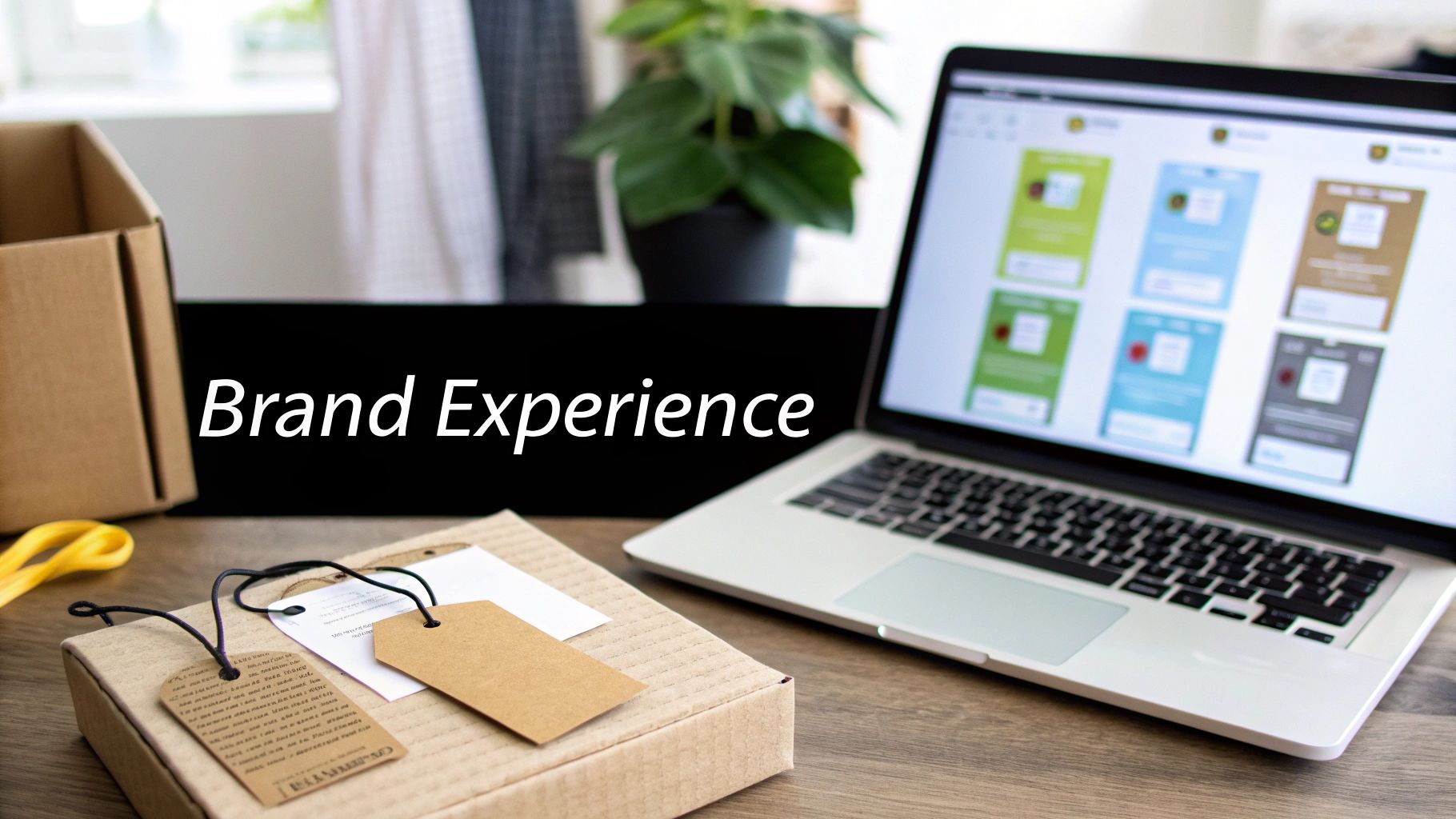 A laptop displays design concepts next to a branded package and open box, highlighting 'Brand Experience'.