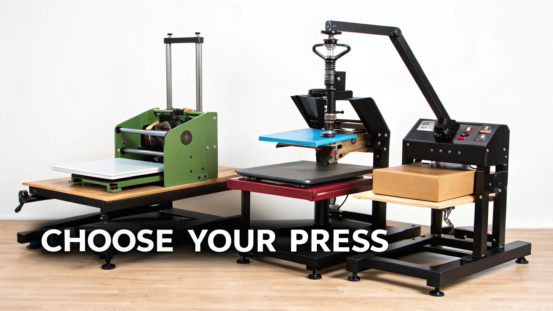 Two industrial heat presses, a green roller press and a black clamshell press, on a wooden floor.