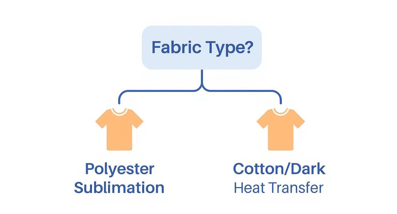 An infographic decision tree showing two paths. One starts with 'Polyester' and leads to a shirt icon labeled 'Sublimation.' The other path starts with 'Cotton/Dark Fabric' and leads to a shirt icon labeled 'Heat Transfer.'
