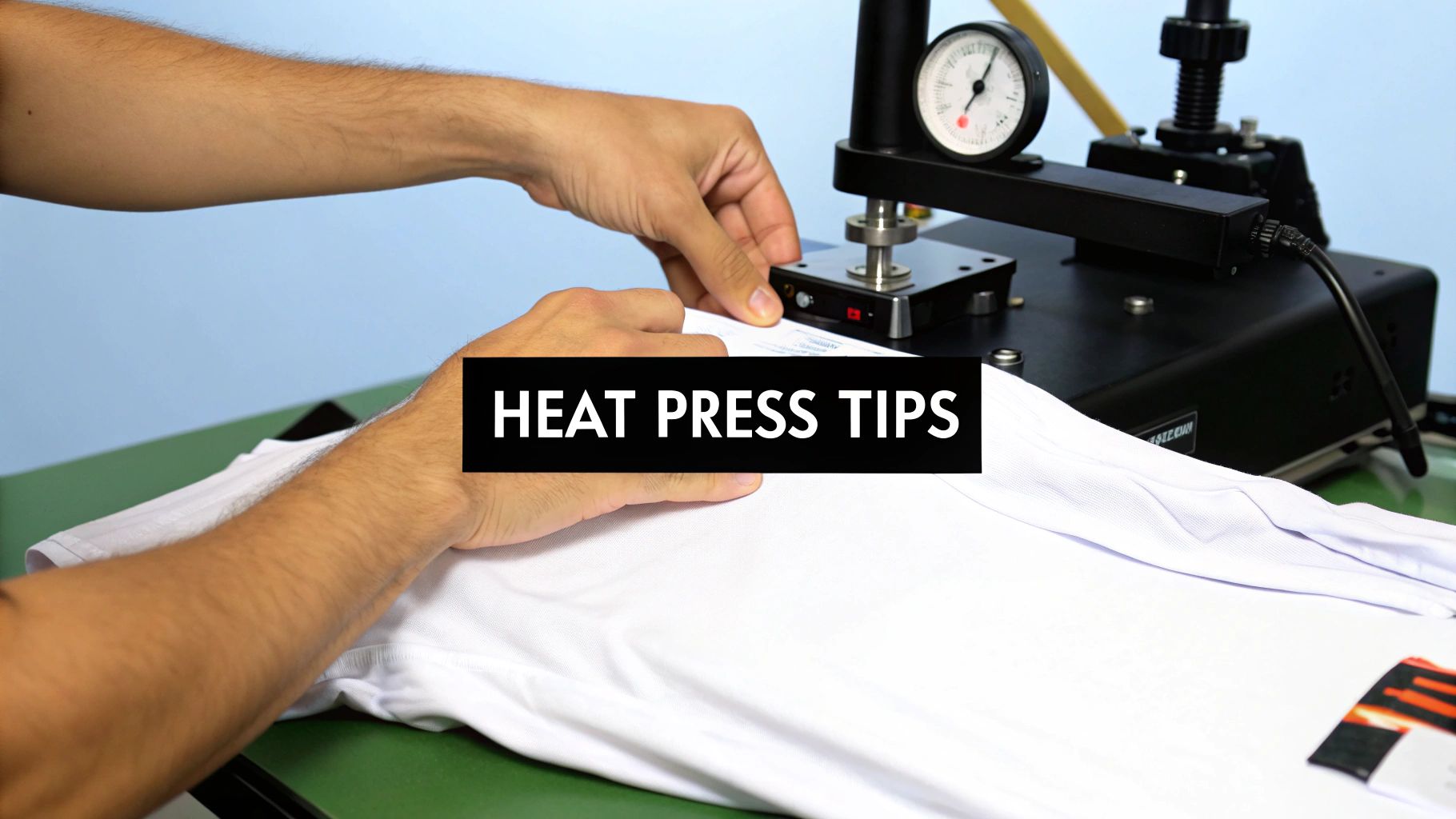 A heat press machine applying a transfer to a gray t-shirt.