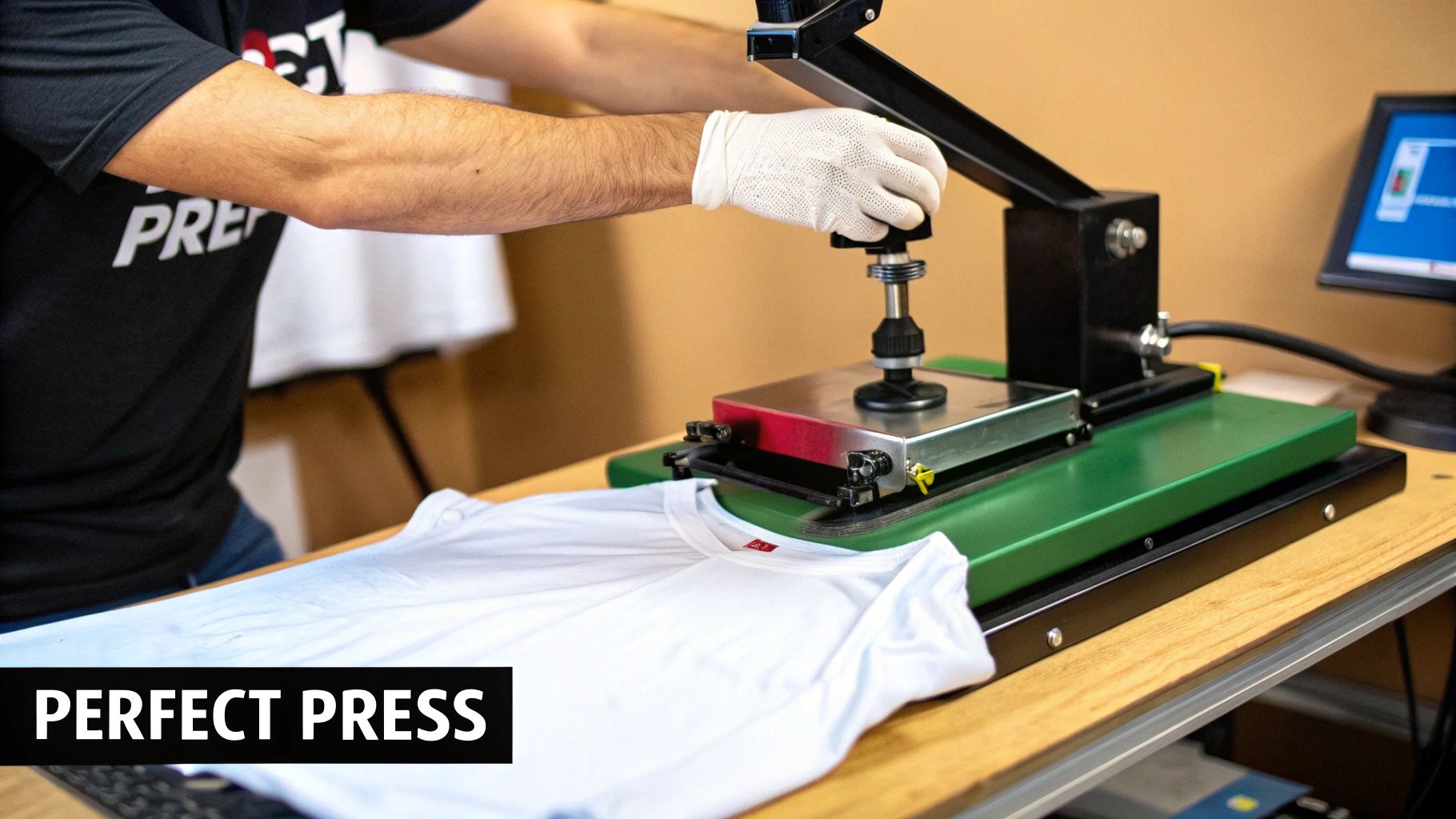 A person wearing a glove operates a heat press machine on a white t-shirt for custom apparel printing.