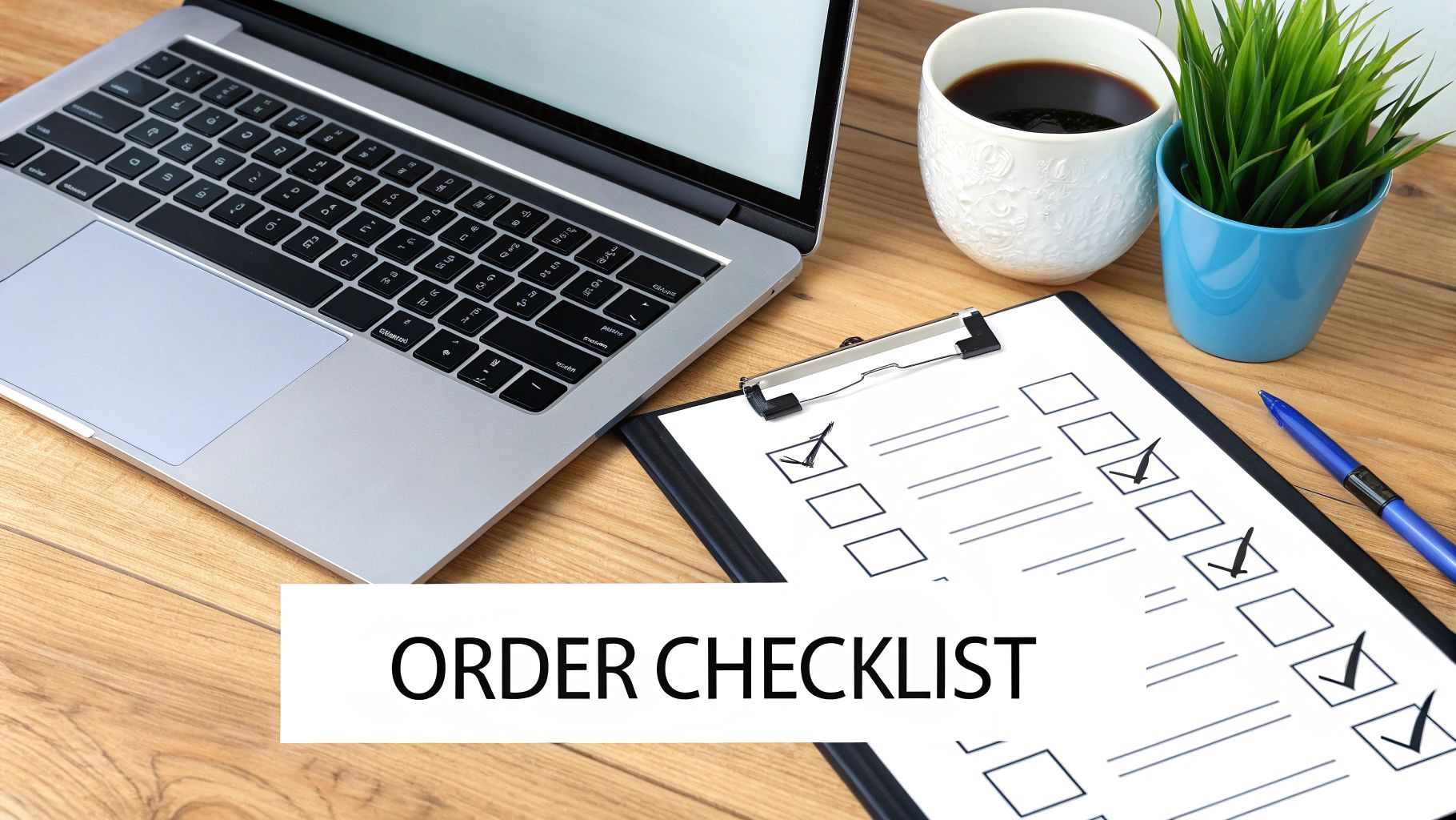 A top-down view of a workstation with a laptop, coffee, plant, and an 'ORDER CHECKLIST' clipboard.