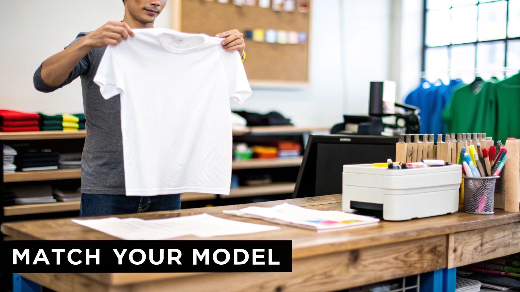 A man holds up a blank white t-shirt in a printing shop, surrounded by colorful apparel and design tools.