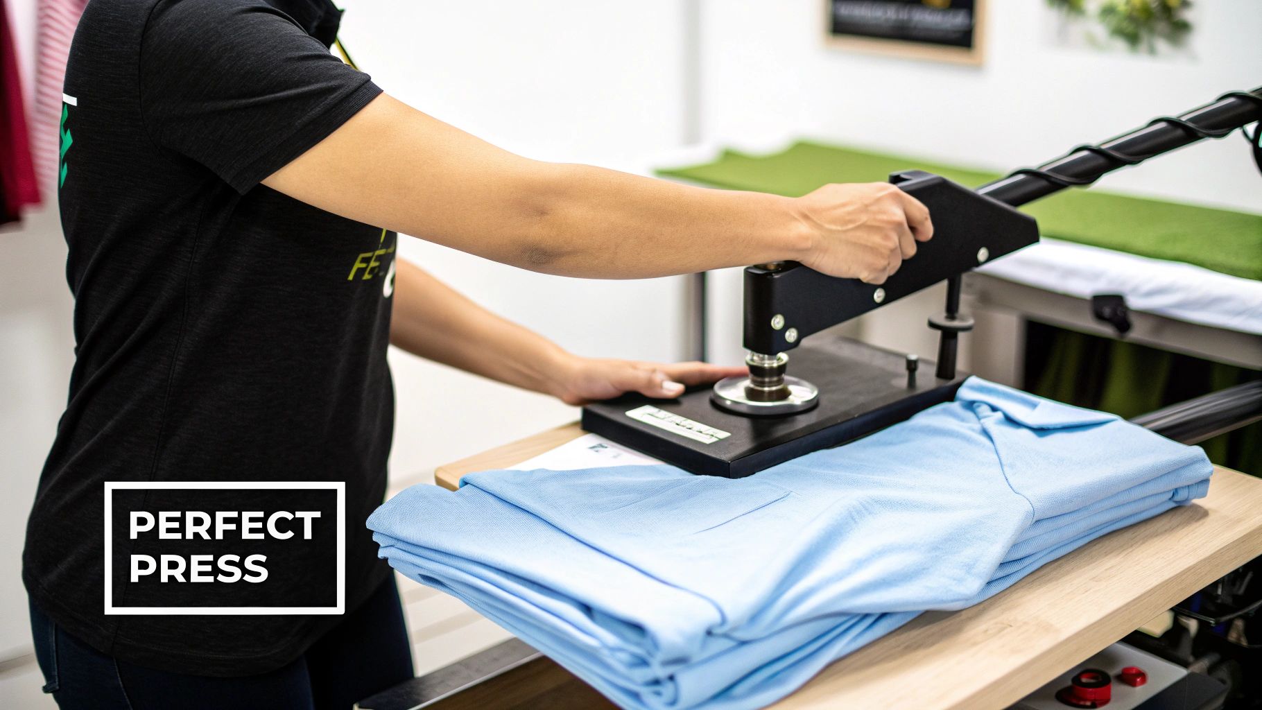 A heat press machine applying a design to a t-shirt, showing the process of using DTF transfer sheets.