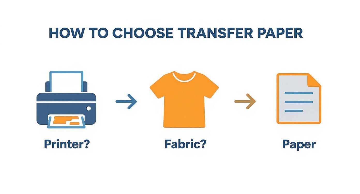 Infographic process flow for choosing the right thermal transfer paper based on printer type and fabric color.