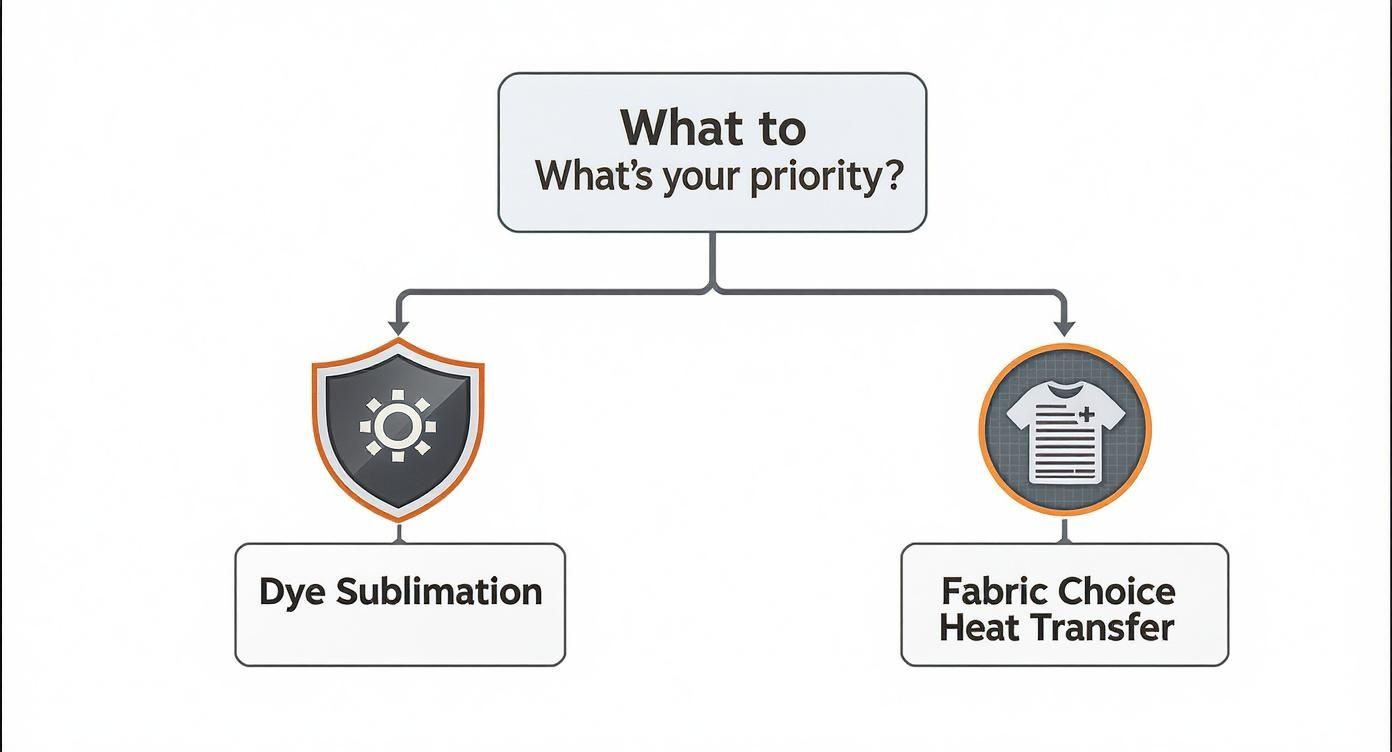 Flowchart comparing dye sublimation and fabric choice heat transfer based on priority for textile printing.