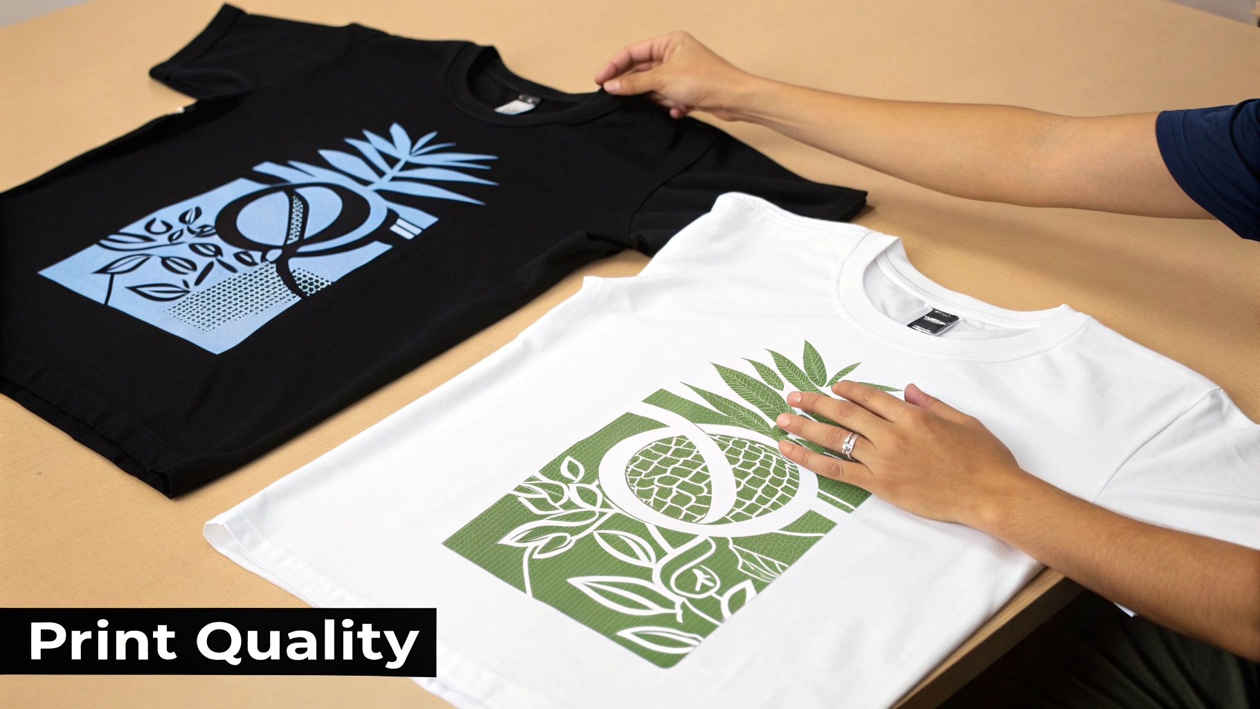 Two t-shirts, one black with light blue print and one white with green print, showcasing print quality.