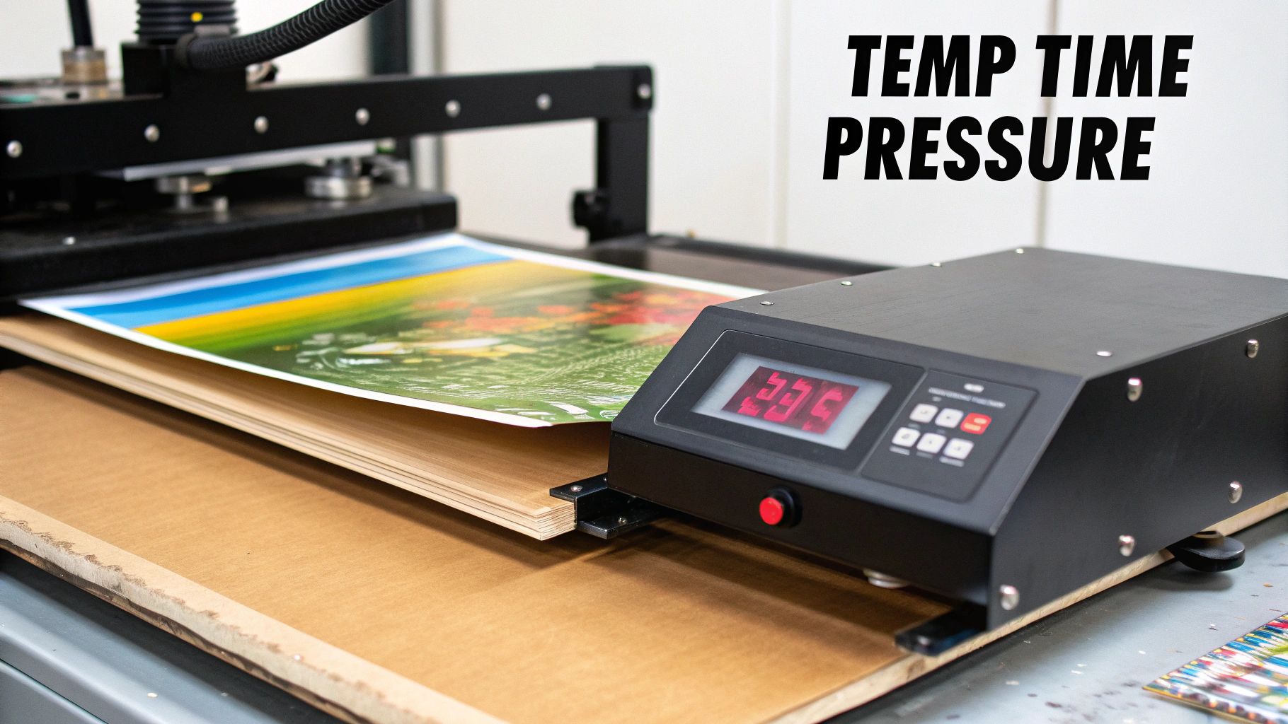 A heat press machine with a colorful print, digital display showing '235', and stacked materials.