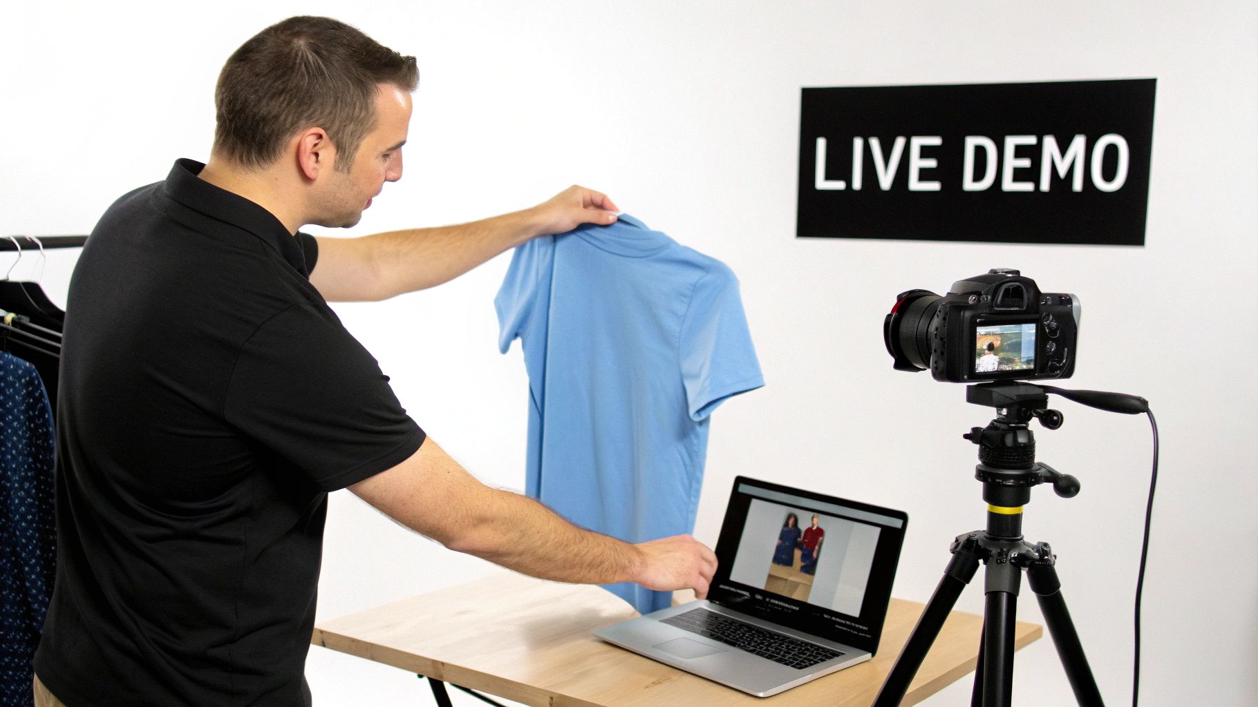 A man sets up a blue t-shirt for a live product demo with a camera and laptop.