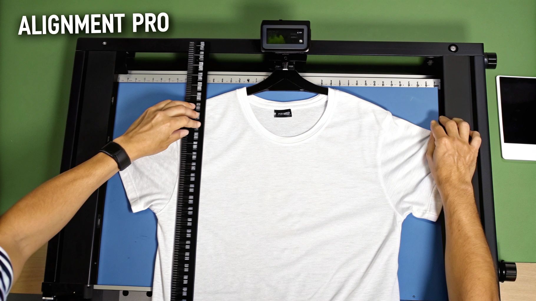 A person carefully placing a heat transfer design onto a t-shirt before pressing.