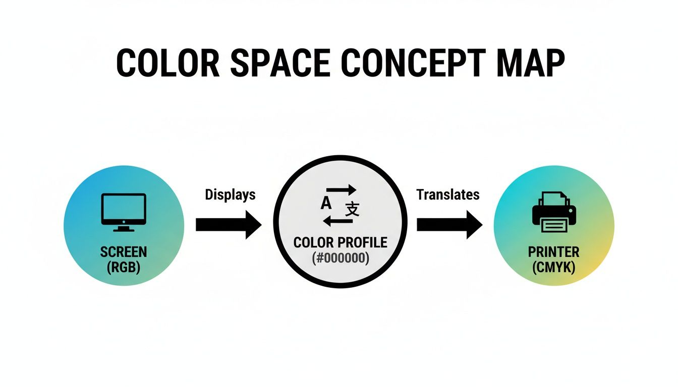 A concept map showing color space translation from screen (RGB) to printer (CMYK) via a color profile.