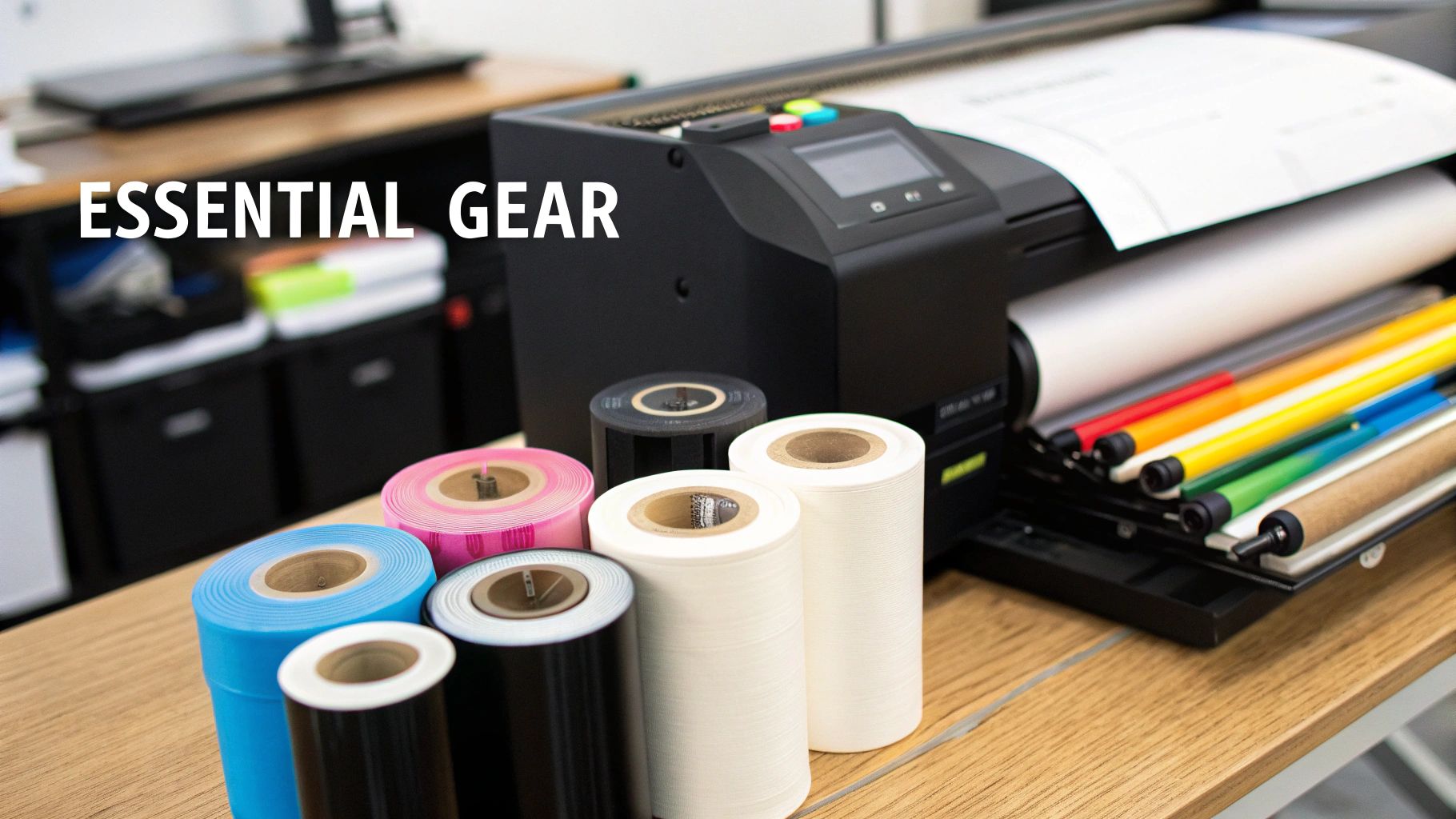 A person operating a Direct-to-Film (DTF) printer with film feeding through the machine.