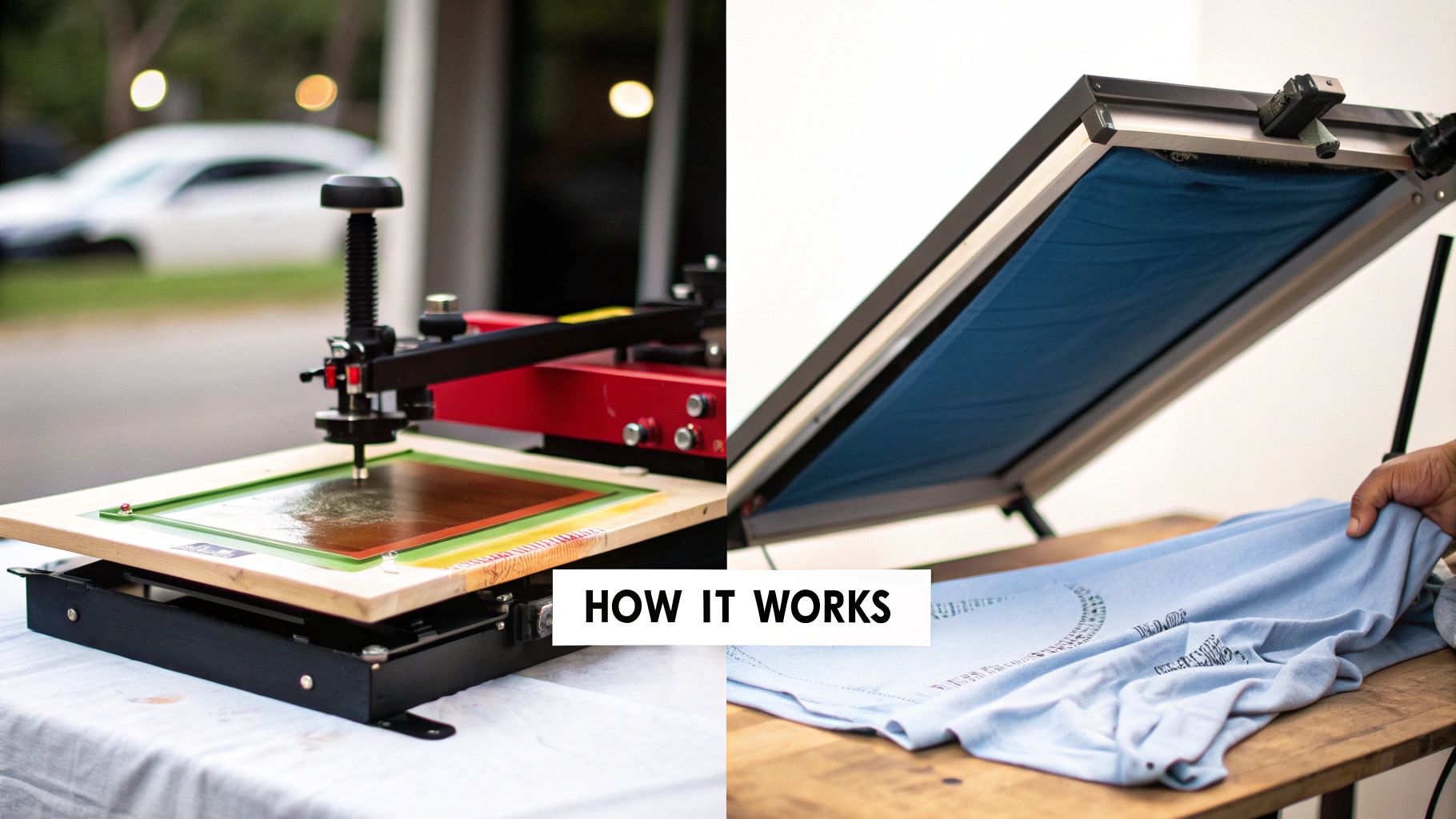 Two panels illustrating silk screen printing: a machine applying ink to a screen and a hand holding a freshly printed light blue t-shirt.