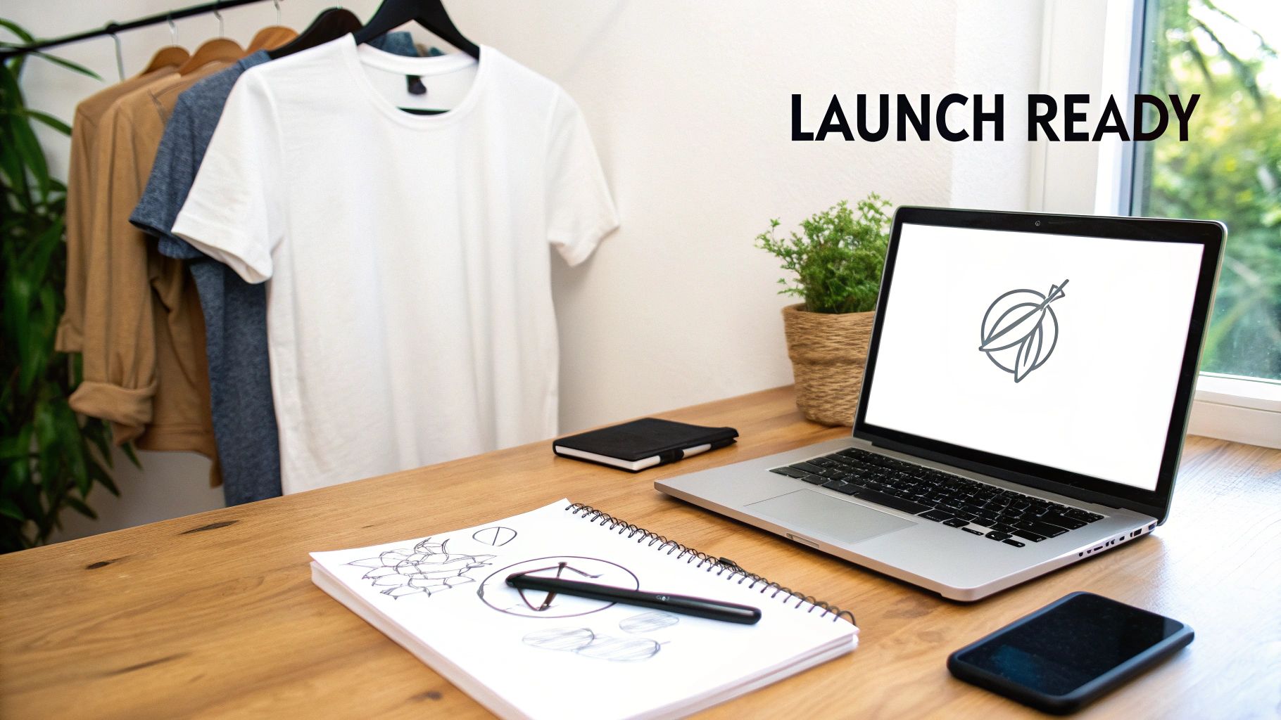 A desk with a laptop, notebook, and t-shirts on a rack, suggesting a clothing business is launch ready.