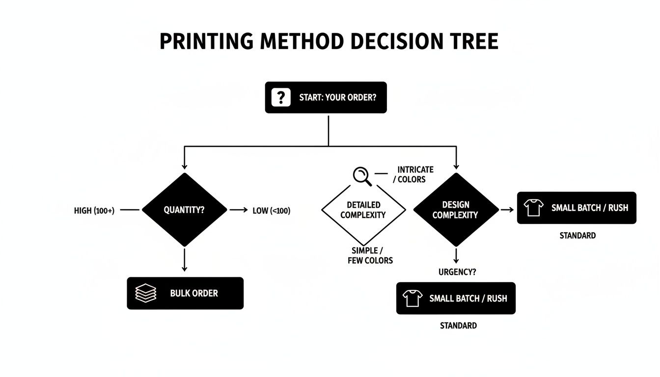 Flowchart detailing a decision tree for selecting a t-shirt printing method based on order quantity, design complexity, and urgency.