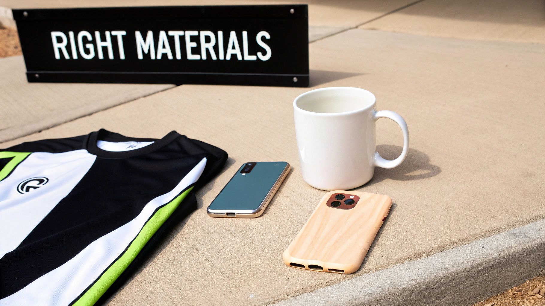 A variety of sublimation products including mugs, phone cases, and apparel