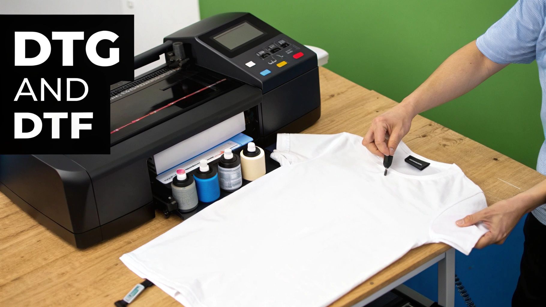 Person pre-treating a white t-shirt next to a DTG/DTF printer with ink bottles.