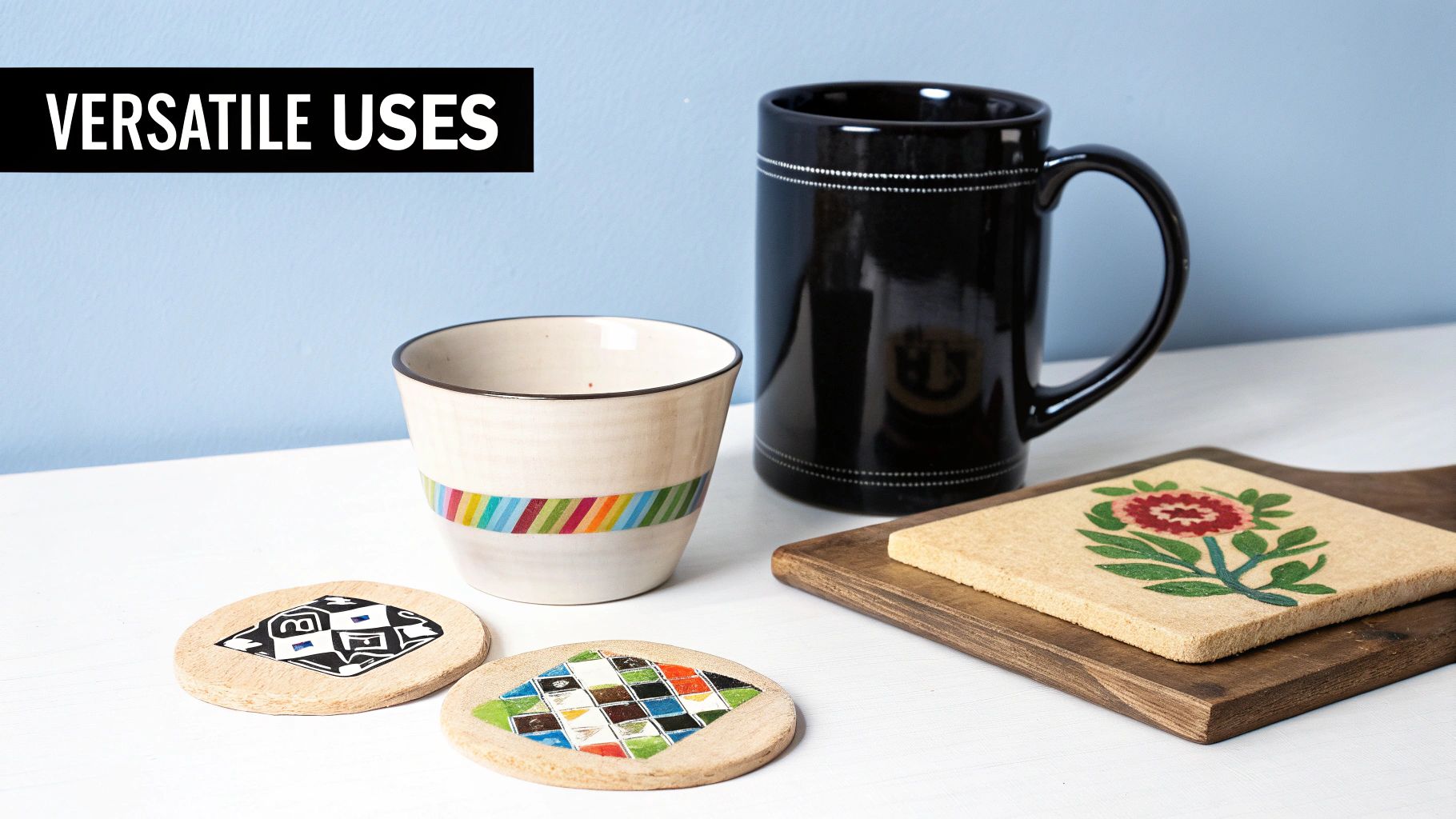 A collection of sublimated items including a mug, tumbler, and metal plate, showcasing the versatility of heat press tape in crafting.