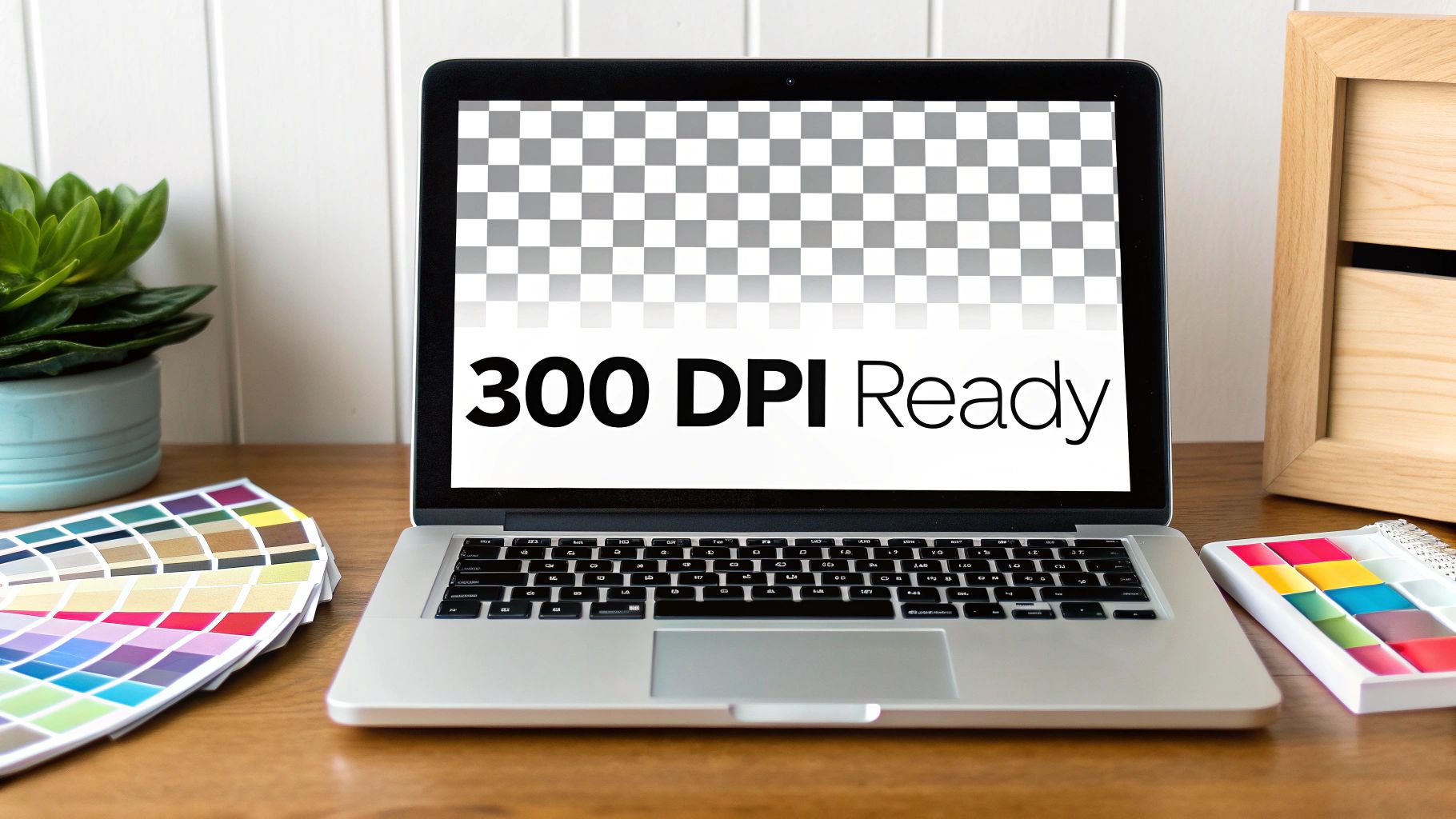 A designer's workspace with a laptop displaying '300 DPI Ready', color swatches, and a plant.