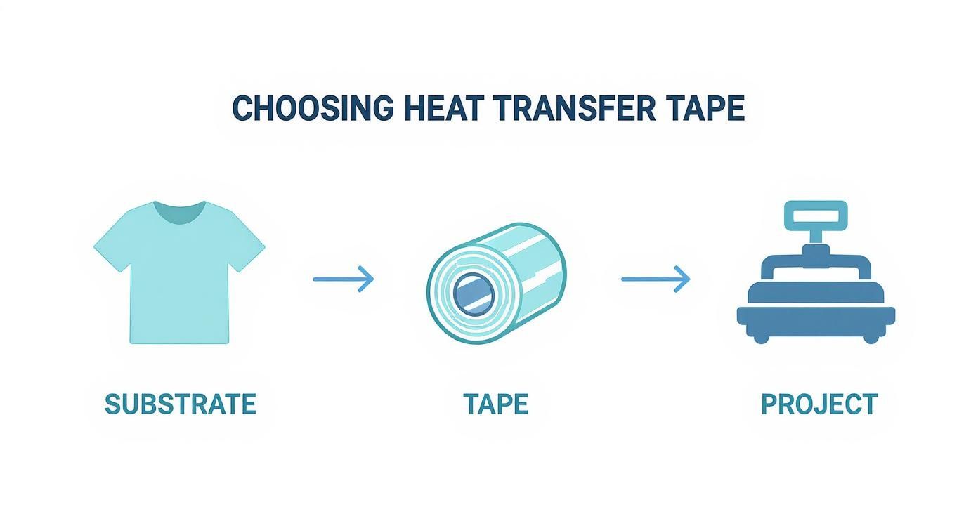 Infographic illustrating the process of choosing heat transfer tape, from substrate (t-shirt) to project (heat press).
