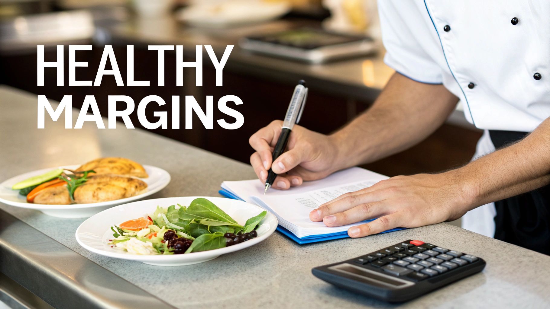 Chef writing notes with calculator and healthy meal plates on kitchen counter